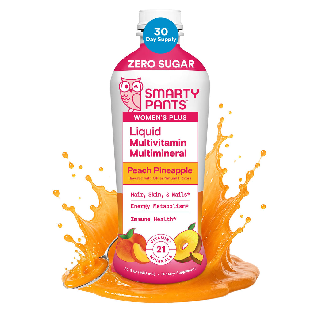 SmartyPants Zero Sugar Liquid Multivitamin Multimineral for Women, Contains Hair, Skin, & Nails Vitamins that Support Immunity, Metabolism, and Bone Health, Peach Pineapple Flavor, 32 Oz (31 Servings)