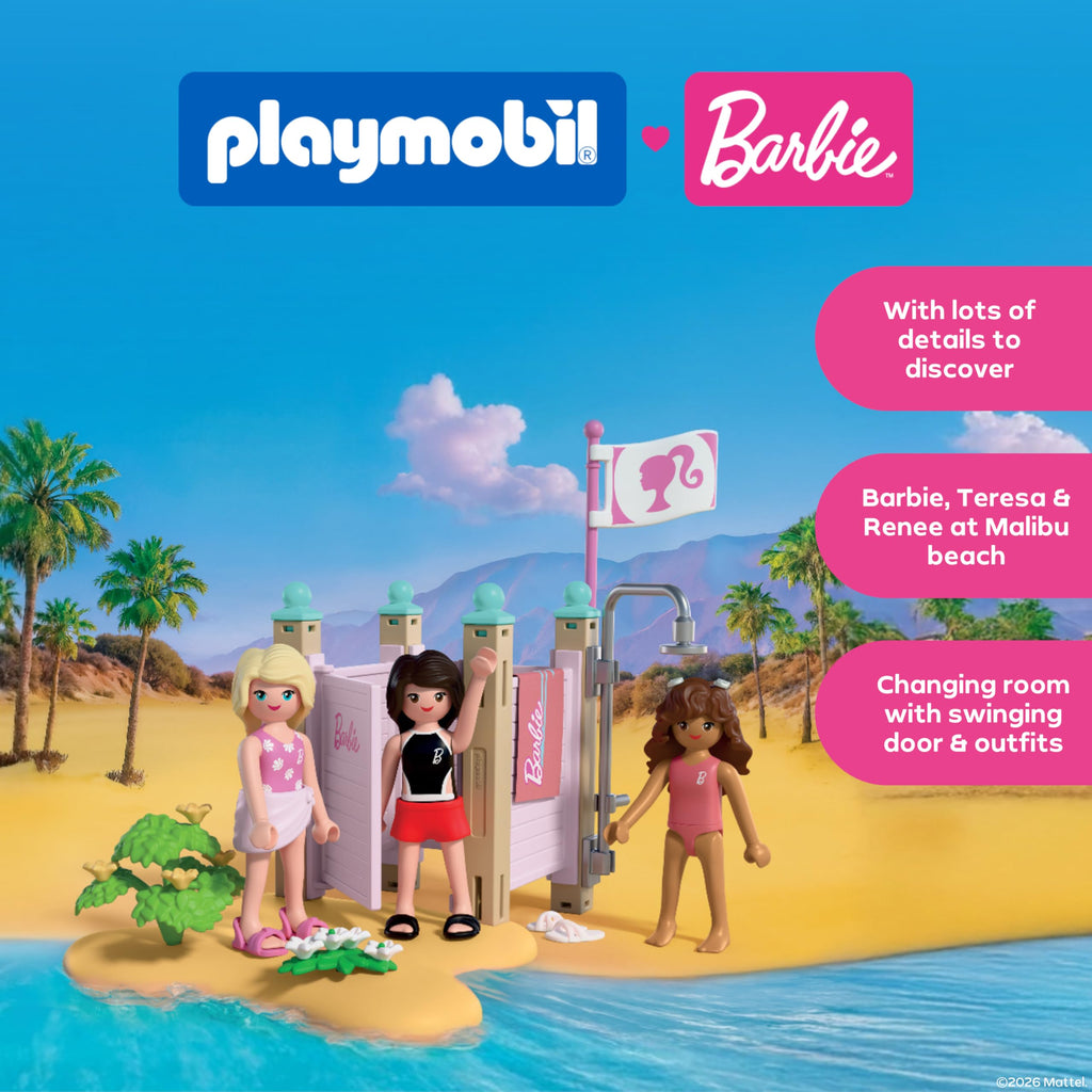 Playmobil | Barbie x Barbie Beach Dress Up | Changing Room & Shower with Barbie, Teresa & Renee | Encourages Role Play & Creativity | for Children Aged 4+ | 72124