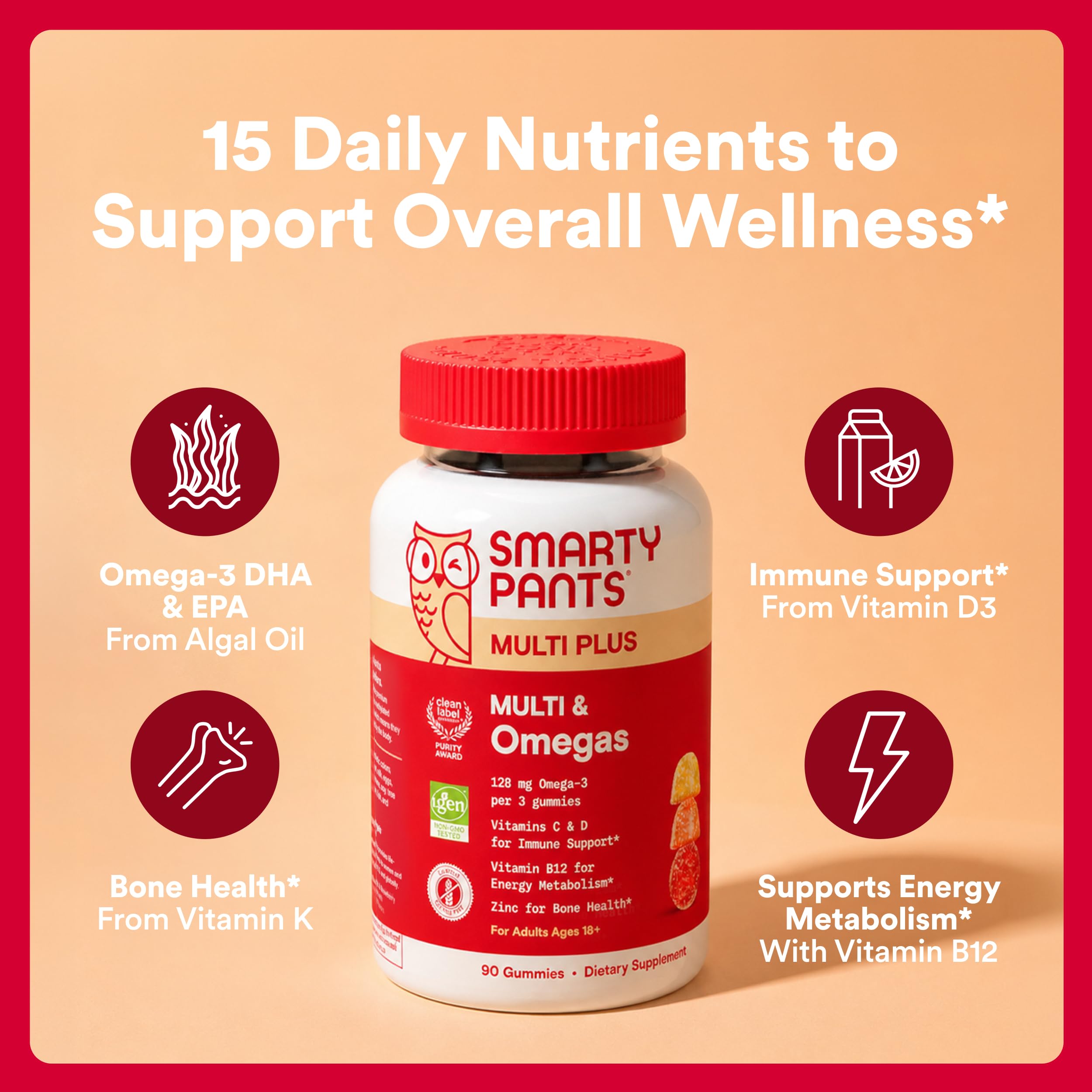 SmartyPants Plus Multi & Omegas Men and Women's Multivitamin Gummies with Omega 3 DHA/EPA, Vitamin D3, C, B12, B6, A, K, Zinc, Biotin, Clean Label, Three Fruit Flavors, 90 Count (30 Day Supply)