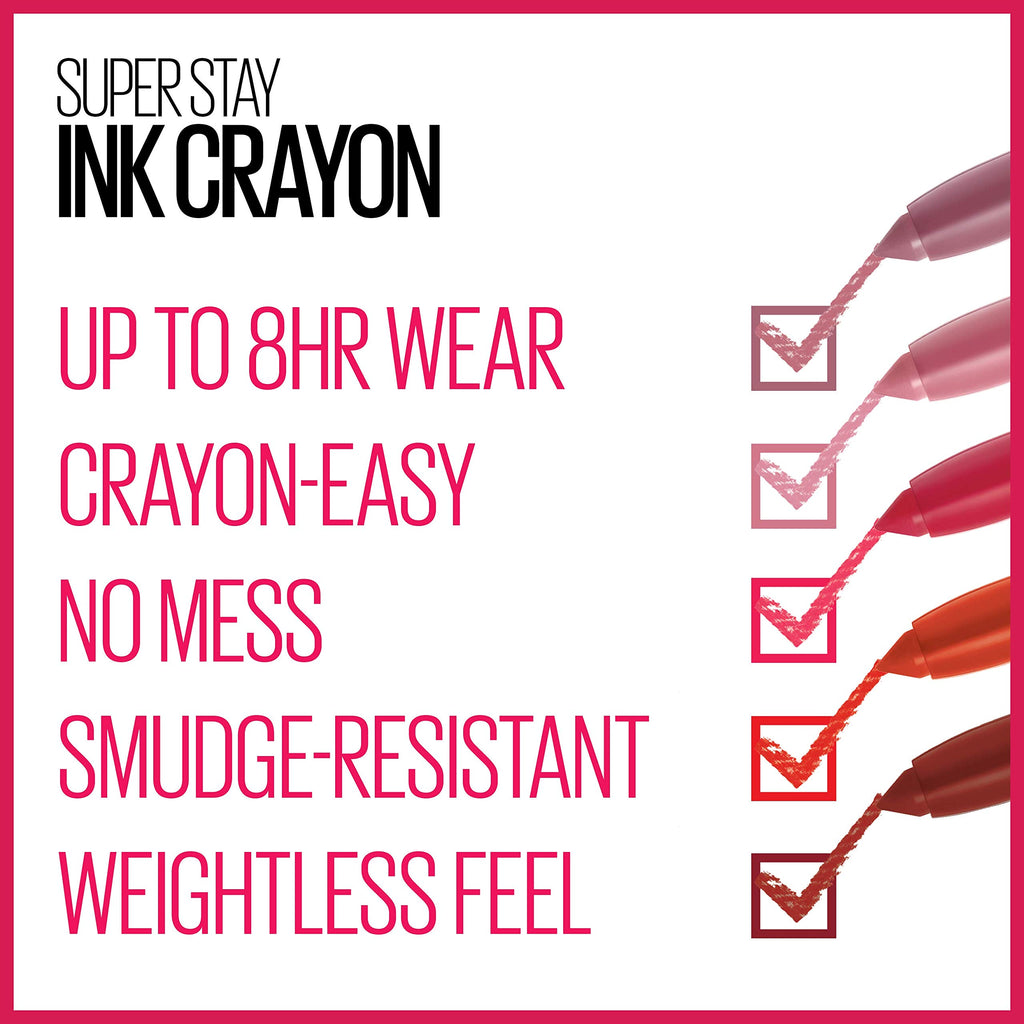 Maybelline Super Stay Ink Crayon Lipstick Makeup, Precision Tip Matte Lip Crayon with Built-in Sharpener, Longwear Up To 8Hrs, Seek Adventure, Warm Pink, 1 Count