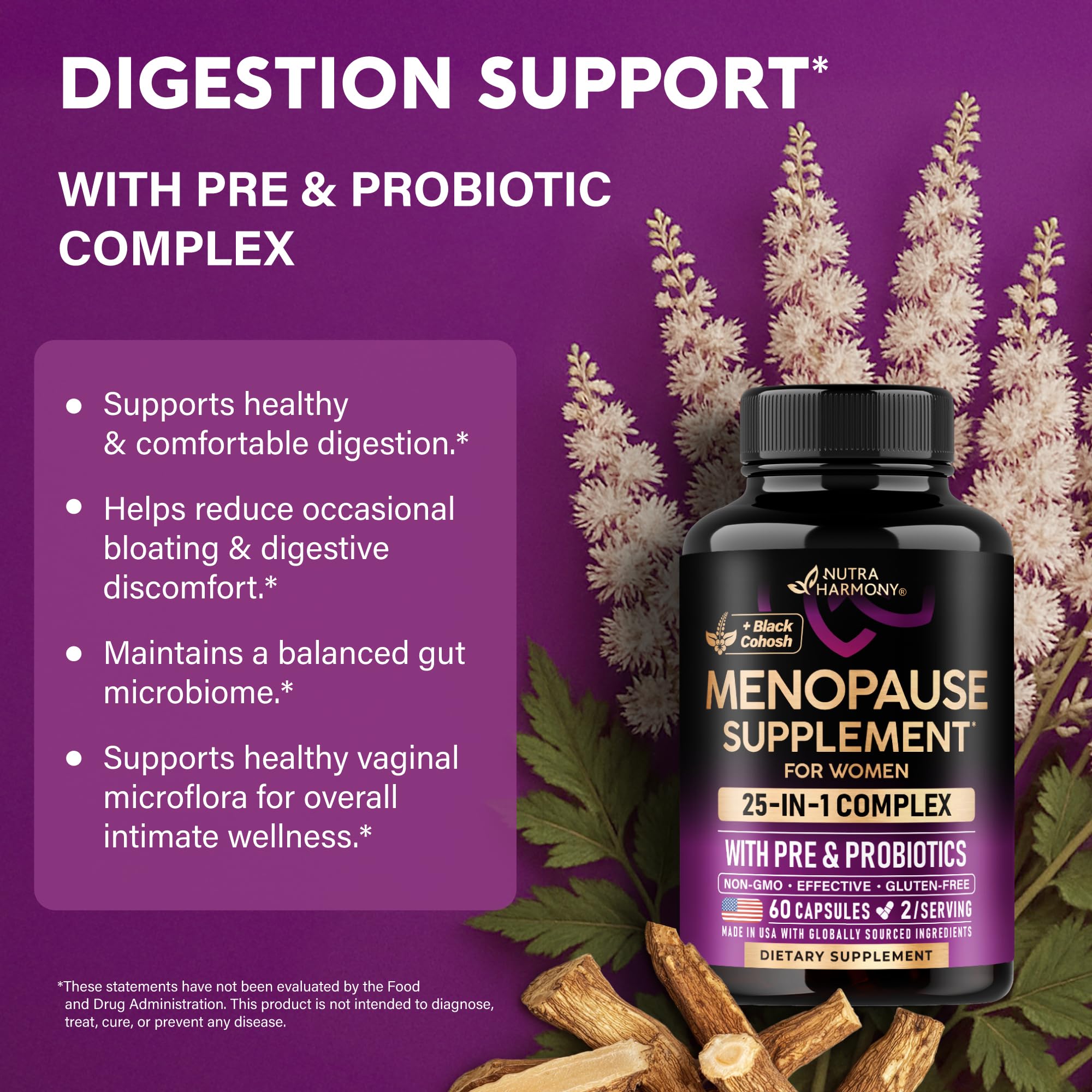 Menopause Supplements for Women - Dong Quai, Black Cohosh, Pre & Probiotics - Sweats & Hot Flashes Relief - Digestion, Sleep & Mood Support - 25-in-1 Perimenopause Complex - Lab Tested - 60 Capsules