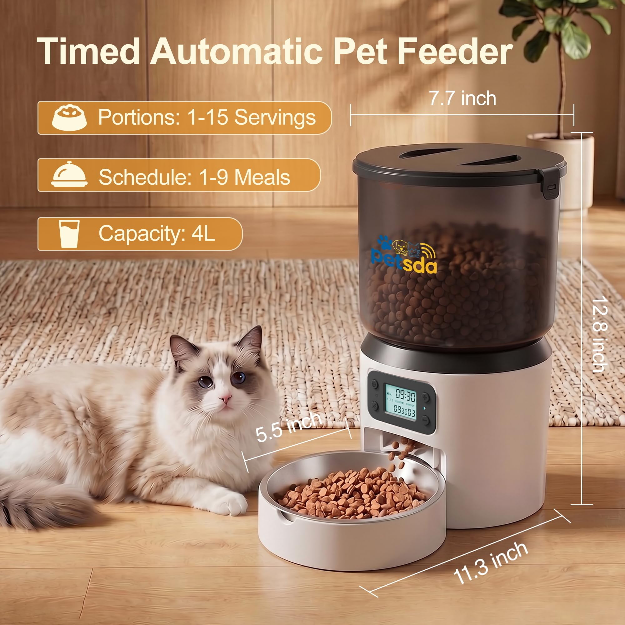 Automatic Cat Feeder 4L Timed Cat Dry Food Dispenser Auto Pet Feeder Portion Control up to 9 Meals/Day for Cats and Small Dogs Dual Power Supply, with Stainless Bowl Fresh Food, Easy Clean