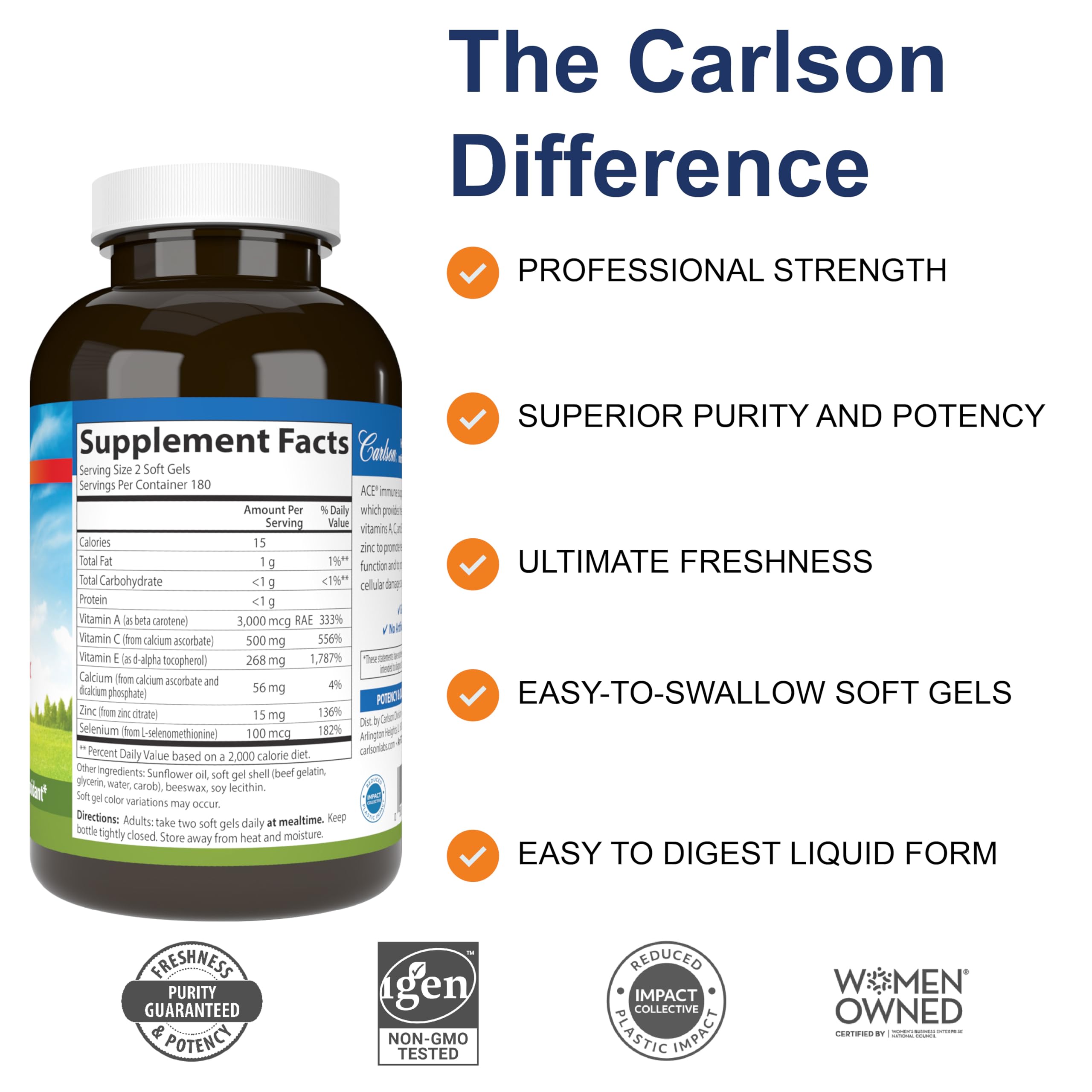 Carlson ACES + Zn, Multivitamin with Zinc, Cellular Health, 360 Softgels