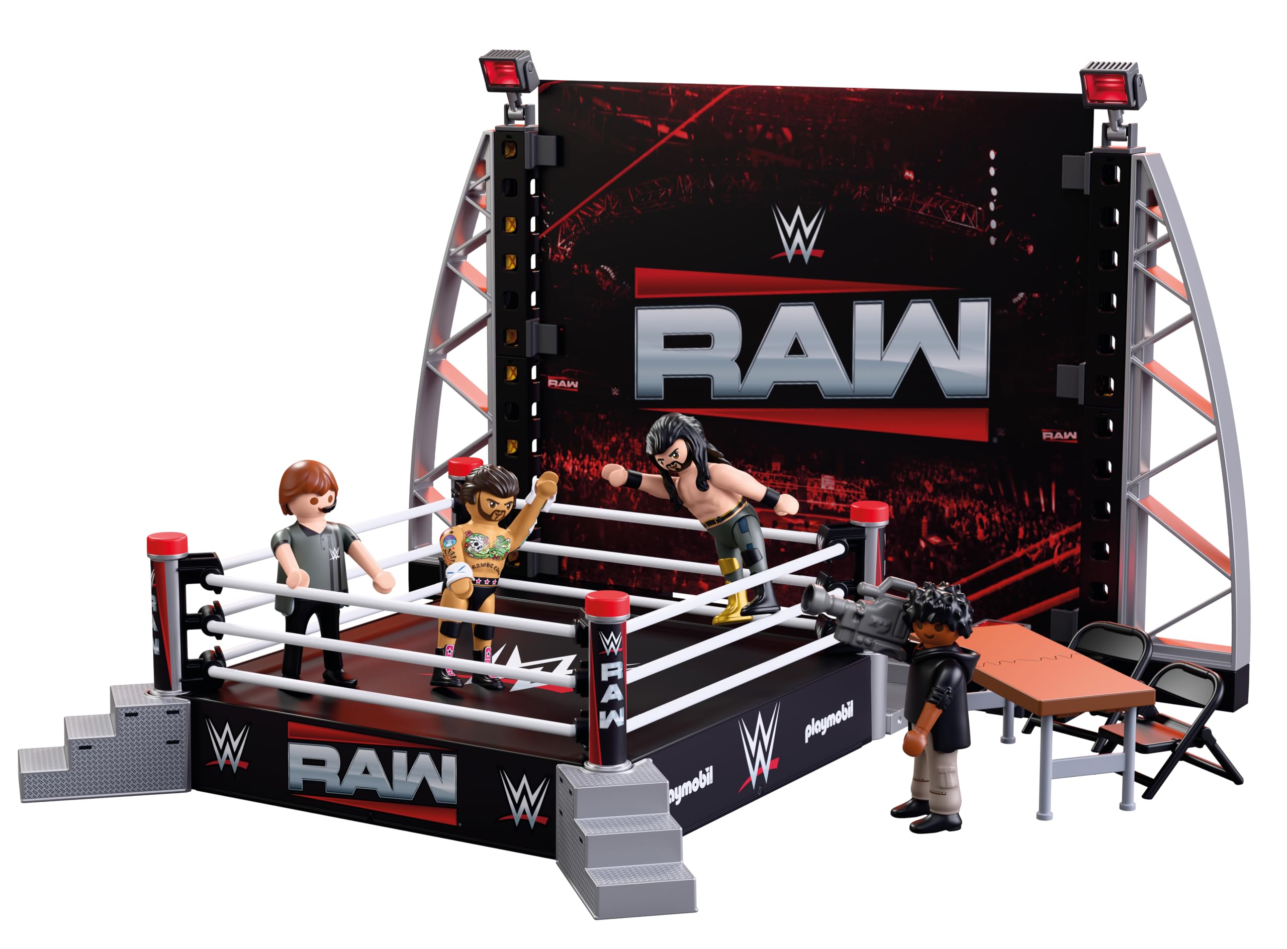 Playmobil | WWE | WWE RAW Ring Collectors Set | Wrestling Ring with CM Punk, Seth Rollins, Referee, Cameraman & Accessories | for Fans Aged 5+ | 71956