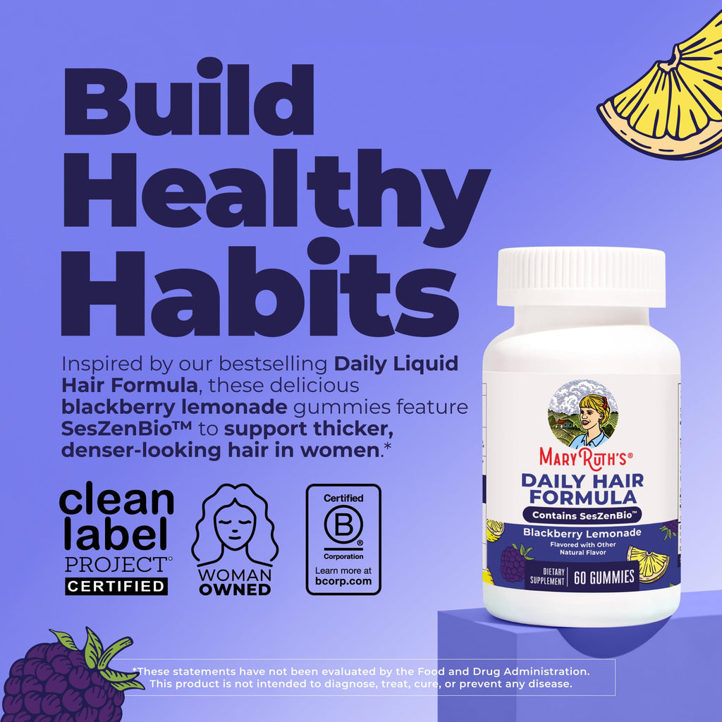 MaryRuth's Daily Hair Formula Gummies | with 500 mg SesZenBio + 2,500 mcg Biotin | Thicker, Denser Hair for Women | Vitamins A & C | Hair, Skin, & Nail Health | Collagen Production | 60 ct