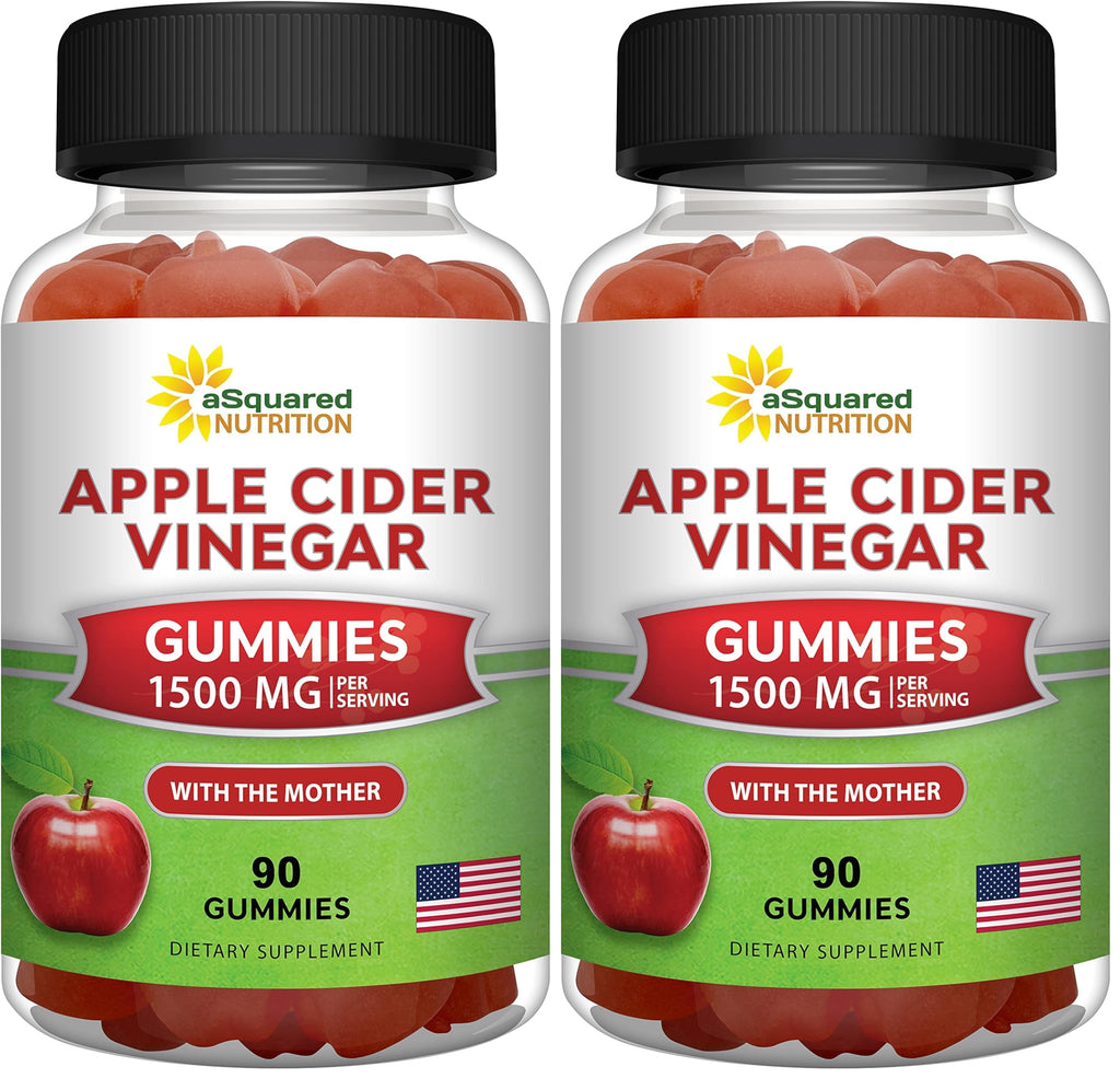 aSquared Nutrition Apple Cider Vinegar Gummies - 1500mg Per Serving - with The Mother - 90 ACV Gummies w/Vitamin B6 & B12, Folic Acid - Vegan Gummy Supplement Alternative to Capsules Pills (Pack of 2)