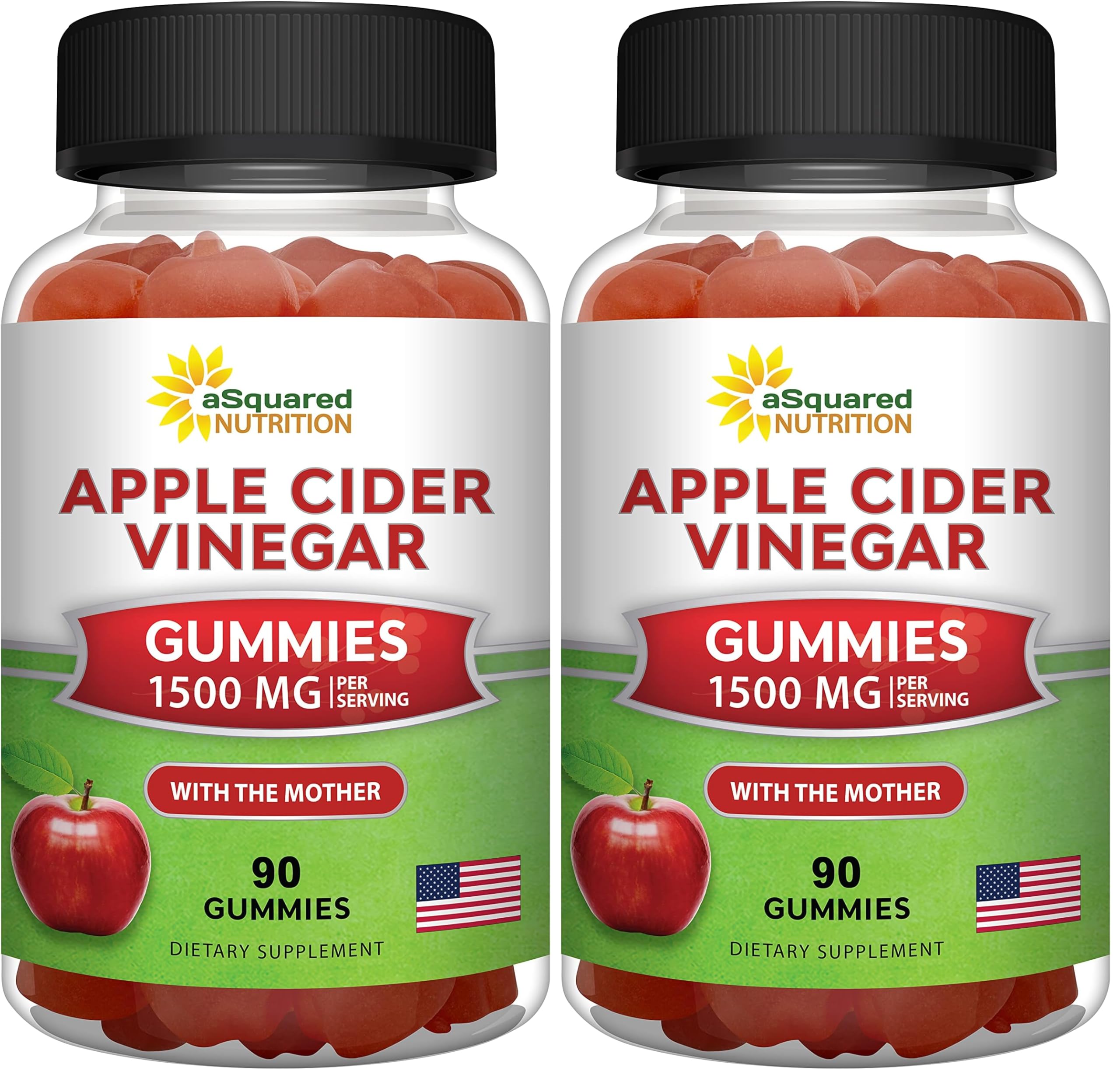 aSquared Nutrition Apple Cider Vinegar Gummies - 1500mg Per Serving - with The Mother - 90 ACV Gummies w/Vitamin B6 & B12, Folic Acid - Vegan Gummy Supplement Alternative to Capsules Pills (Pack of 2)