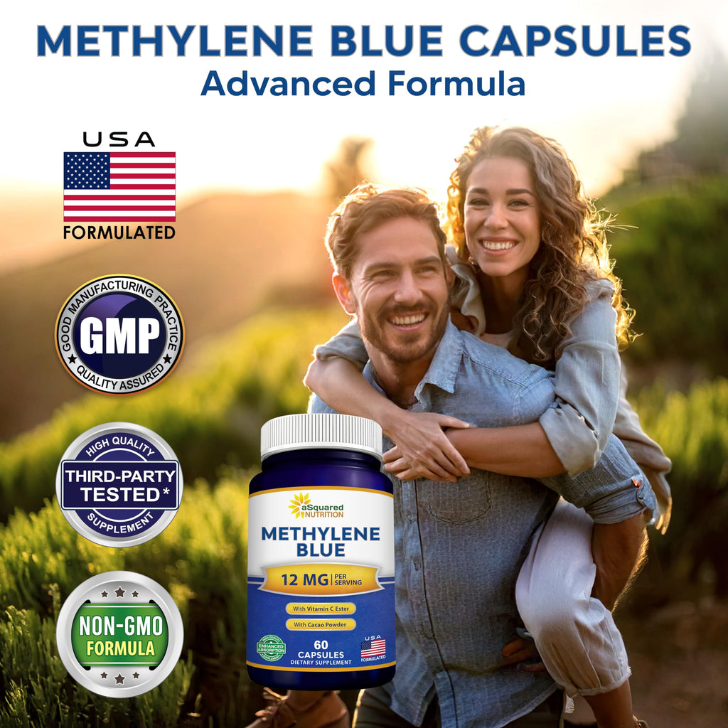 aSquared Nutrition Methylene Blue Capsules - Pharmaceutical Grade Supplement for Humans - 12mg Per Serving USP Grade - w/Vitamin C & Cacao Powder - Brain, Focus, Energy - Alt to Drops & Tablets