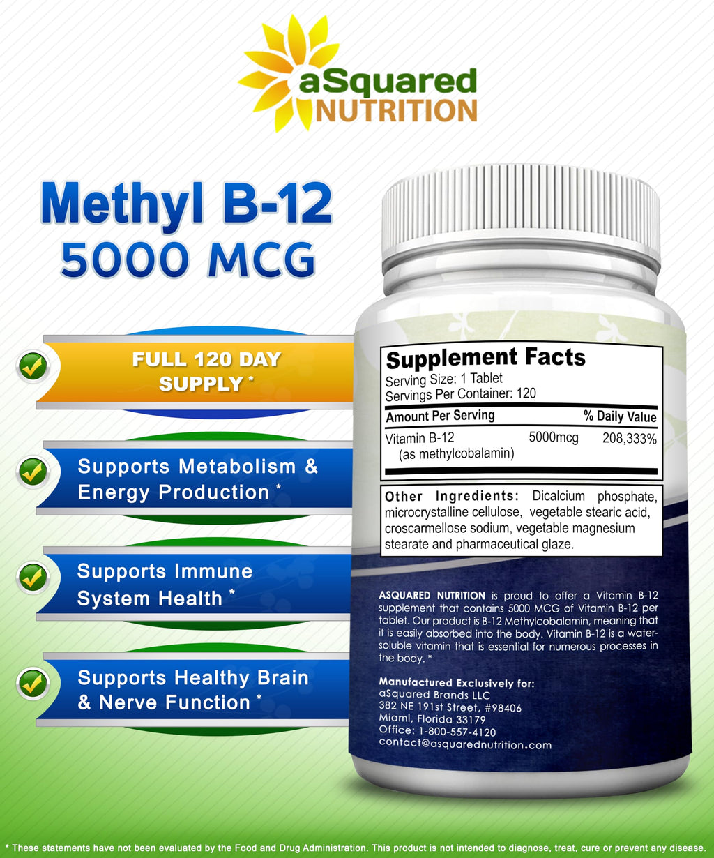 aSquared Nutrition Vitamin B12-5000 MCG Supplement with Methylcobalamin (Methyl B-12) - Max Strength Vitamin B 12 Support to Help Boost Natural Energy, Benefit Brain & Heart Function - 120 Tablets