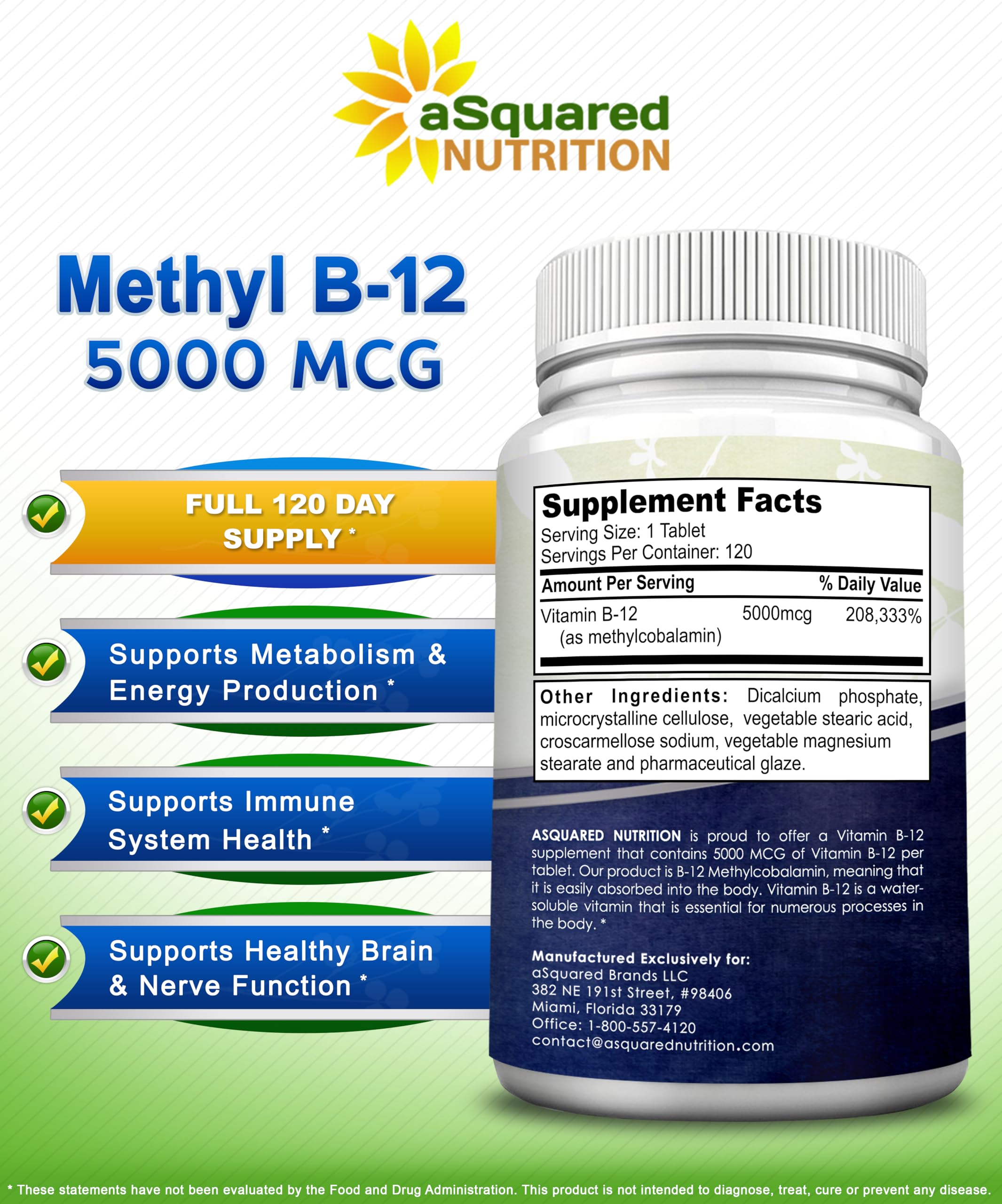 aSquared Nutrition Vitamin B12-5000 MCG Supplement with Methylcobalamin (Methyl B-12) - Max Strength Vitamin B 12 Support to Help Boost Natural Energy, Benefit Brain & Heart Function - 120 Tablets
