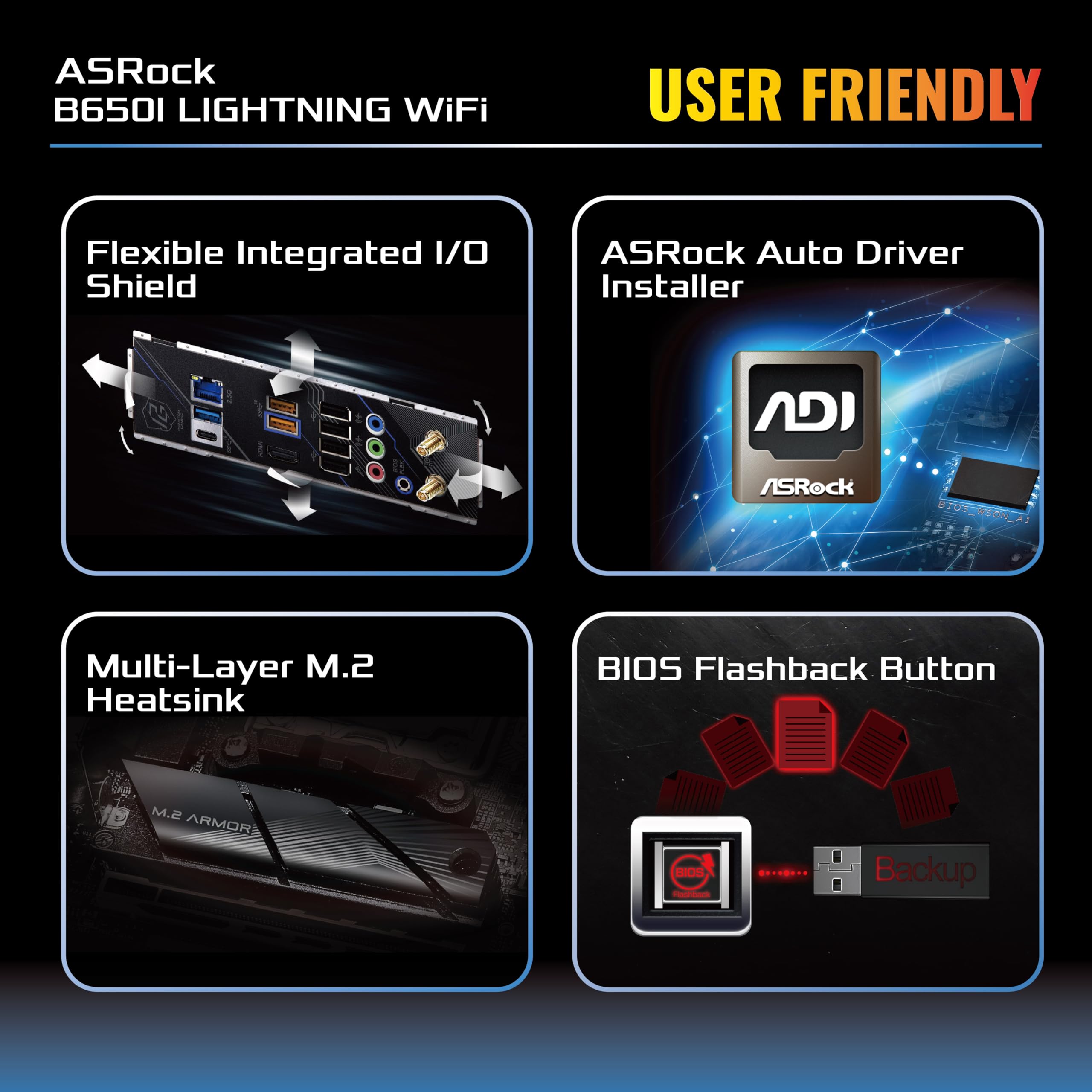 ASRock B650I Lightning WiFi AMD AM5 Mini-ITX Motherboard, Supports AMD Ryzen 9000/8000/7000 Series Processors, DDR5 7200+ (OC), PCIe 5.0 M.2, 2.5G LAN, WiFi 6E, 8+2+1 Power Phase