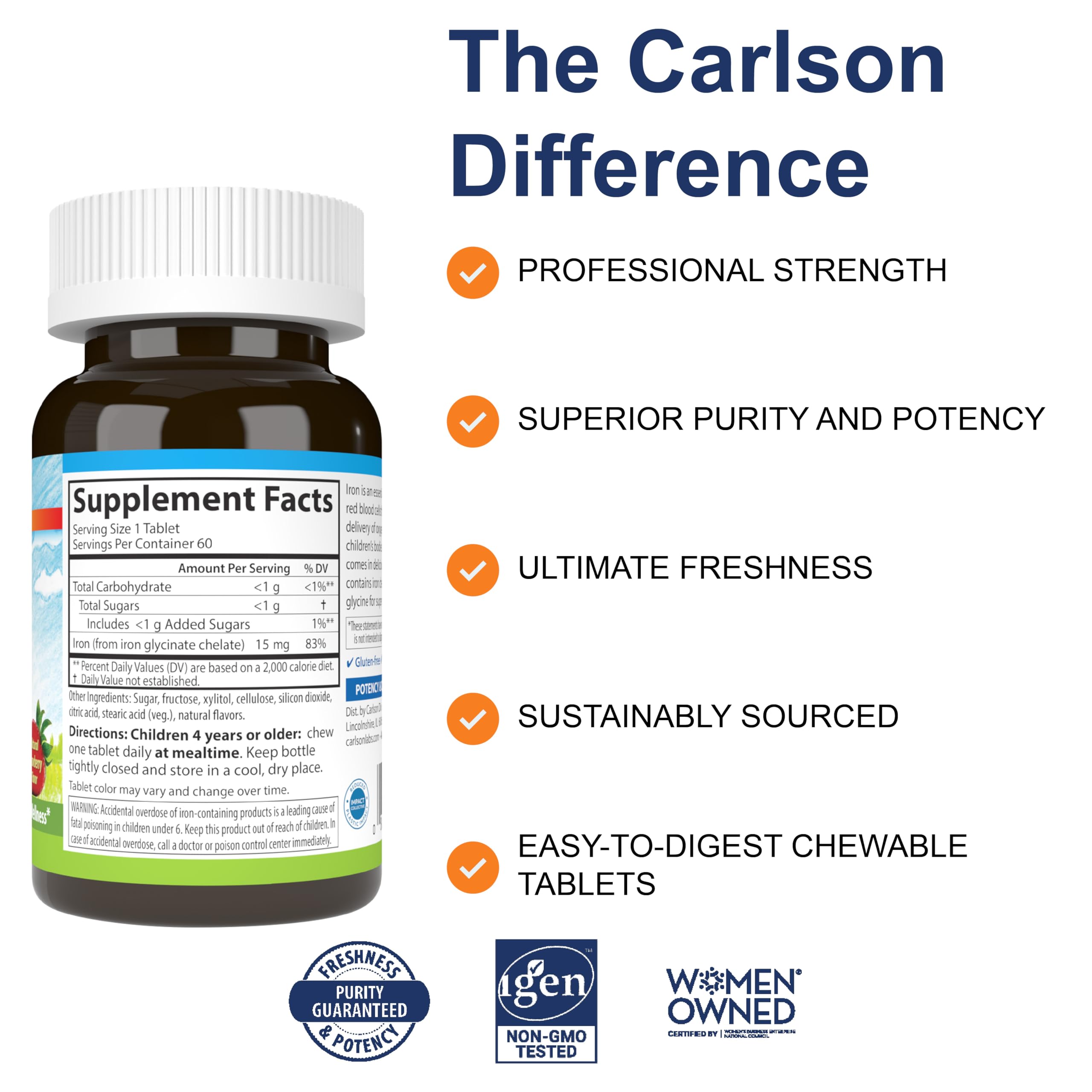 Carlson Kid's Chewable Iron, 15 mg, Energy Production, 60 Chewable Tablets