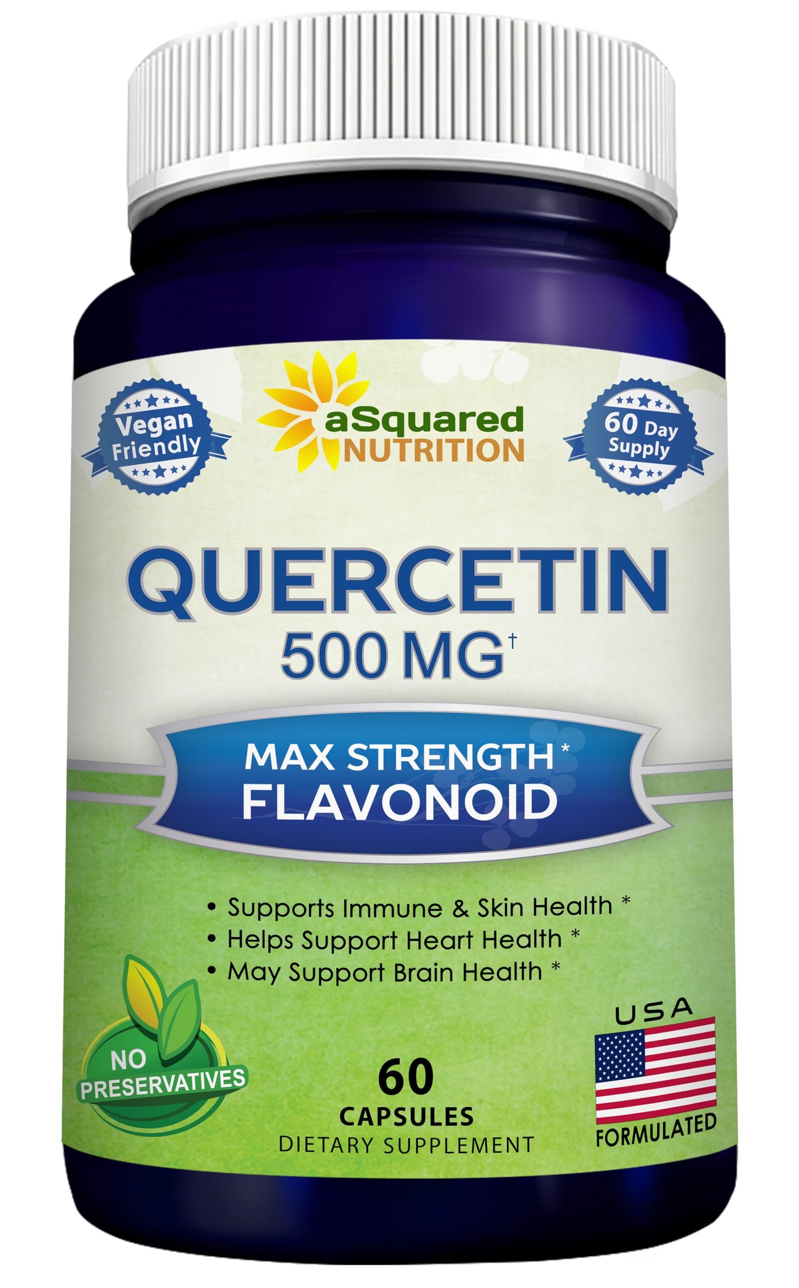 aSquared Nutrition Quercetin 500mg Supplement - 60 Capsules - Quercitin Dihydrate Powder Complex Pills to Support Immune Response & Cardiovascular Health - Pure & Max Strength