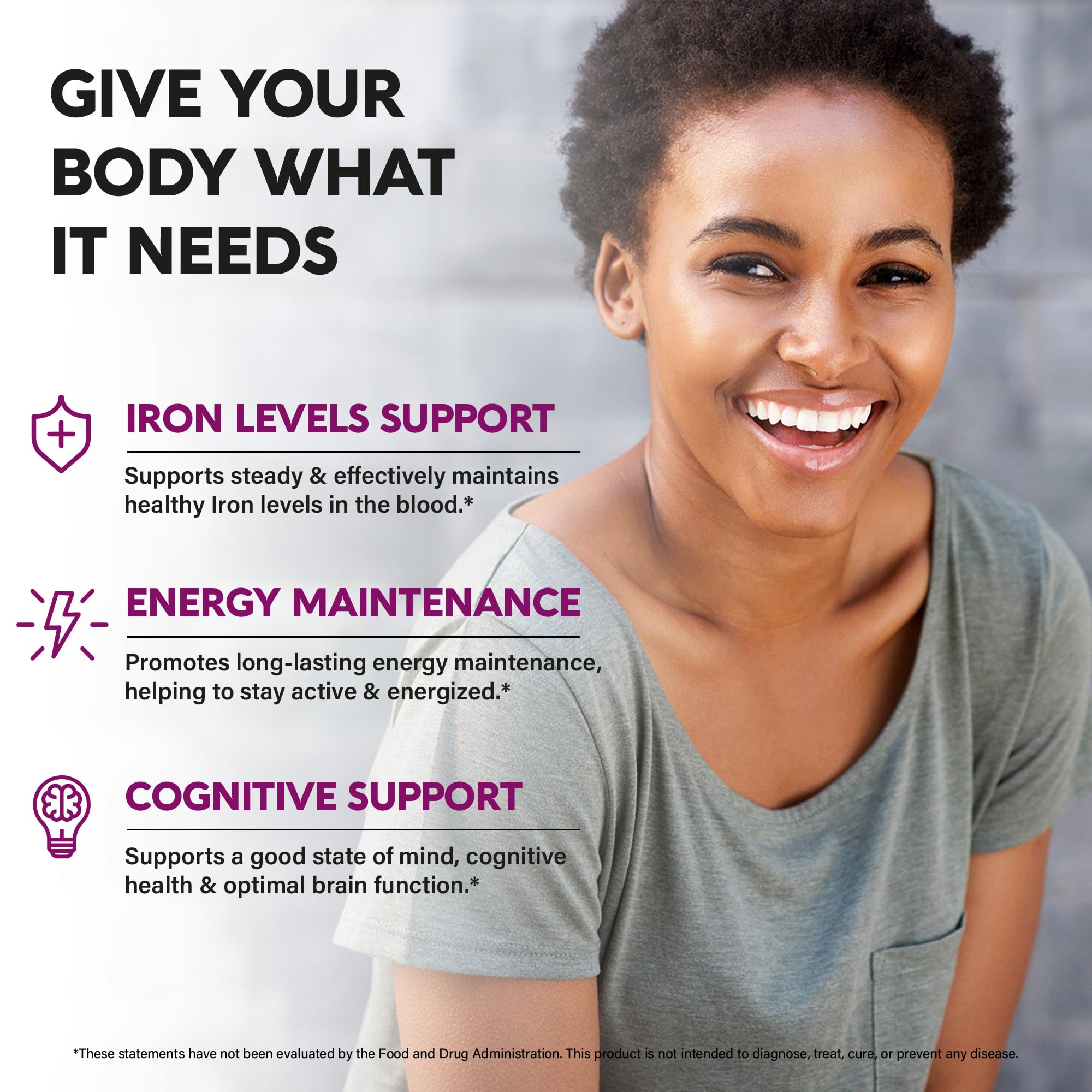 Iron Supplement for Women - Iron 65mg (Ferrous Sulfate 325mg) - Stomach Friendly | Slow Release | High Absorption - Vitamins C, D3, B6, B12 & Folate - Energy Support - 60 Capsules, 2 Month Supply