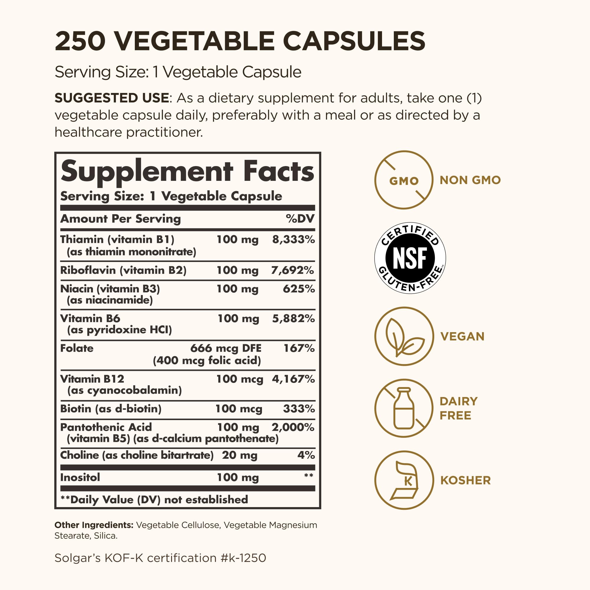 Solgar B-Complex "100", 250 Vegetable Capsules - Nervous System Support - Supports Energy Metabolism - Non-GMO, Vegan, Gluten Free, Dairy Free, Kosher - 250 Servings