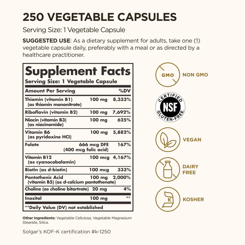 Solgar B-Complex 100",250 Vegetable Capsules - Nervous System Support - Supports Energy Metabolism - Non-GMO,Vegan,Gluten Free,Dairy Free,Kosher - 250 Servings,(Pack of 2)