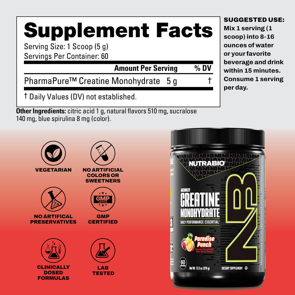 NutraBio Pure Micronized Creatine Monohydrate Powder Supplement,Paradise Punch,(300g)-Supports Bulk Muscle Energy, Recovery, and Strength-HPLC Tested Creatine Powder Supplement for Men and Women