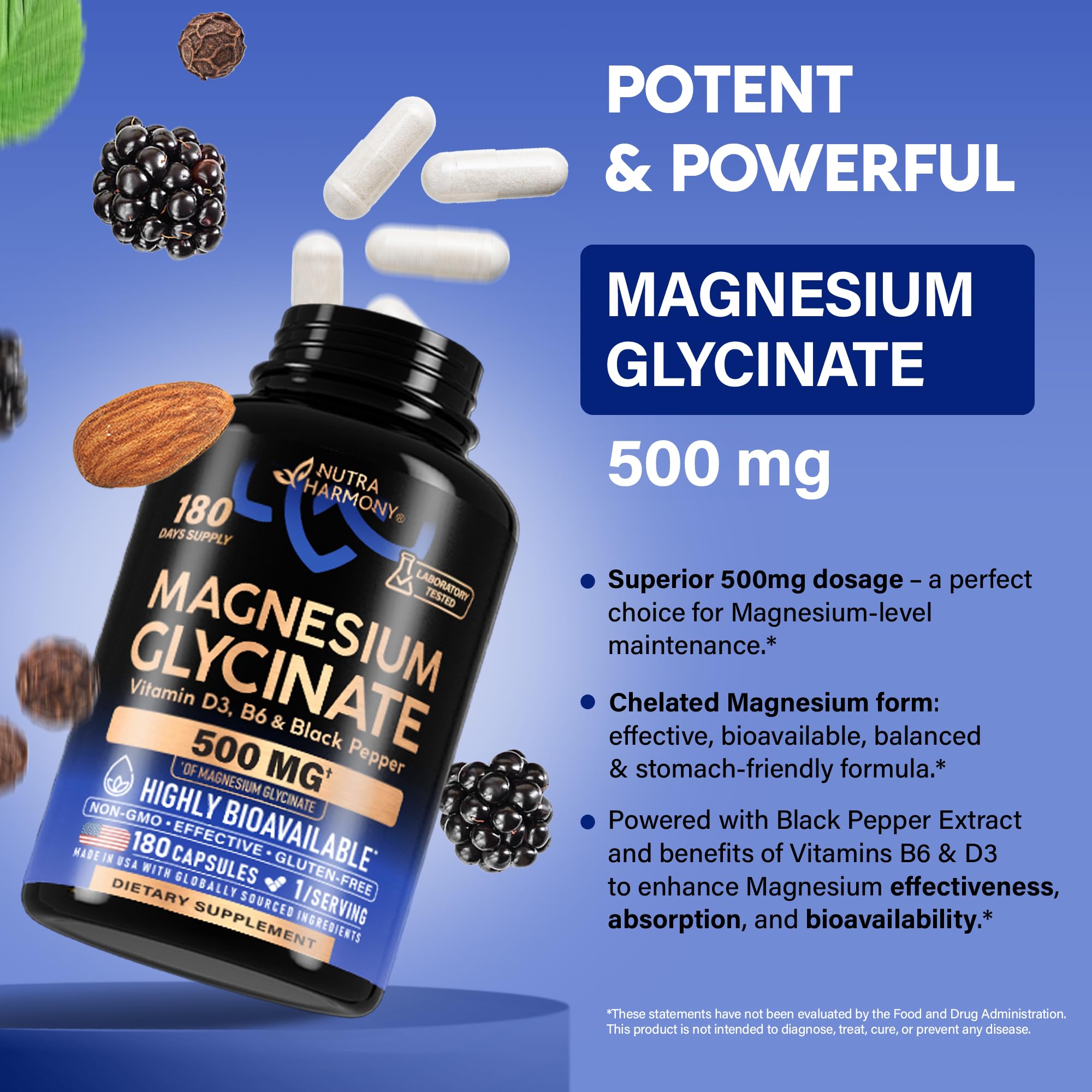 Magnesium Glycinate 500 mg - Chelated Supplement - High Absorption Form of Magnesium - Support for Sleep, Muscle & Heart Health - for Women & Men - Lab Tested & Non-GMO - 180 Capsules