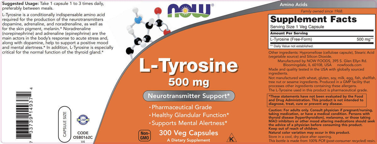 Now Foods L-Tyrosine 500mg, 300 Capsules, Non GMO, 500 mg Caps, Free Form Supplement