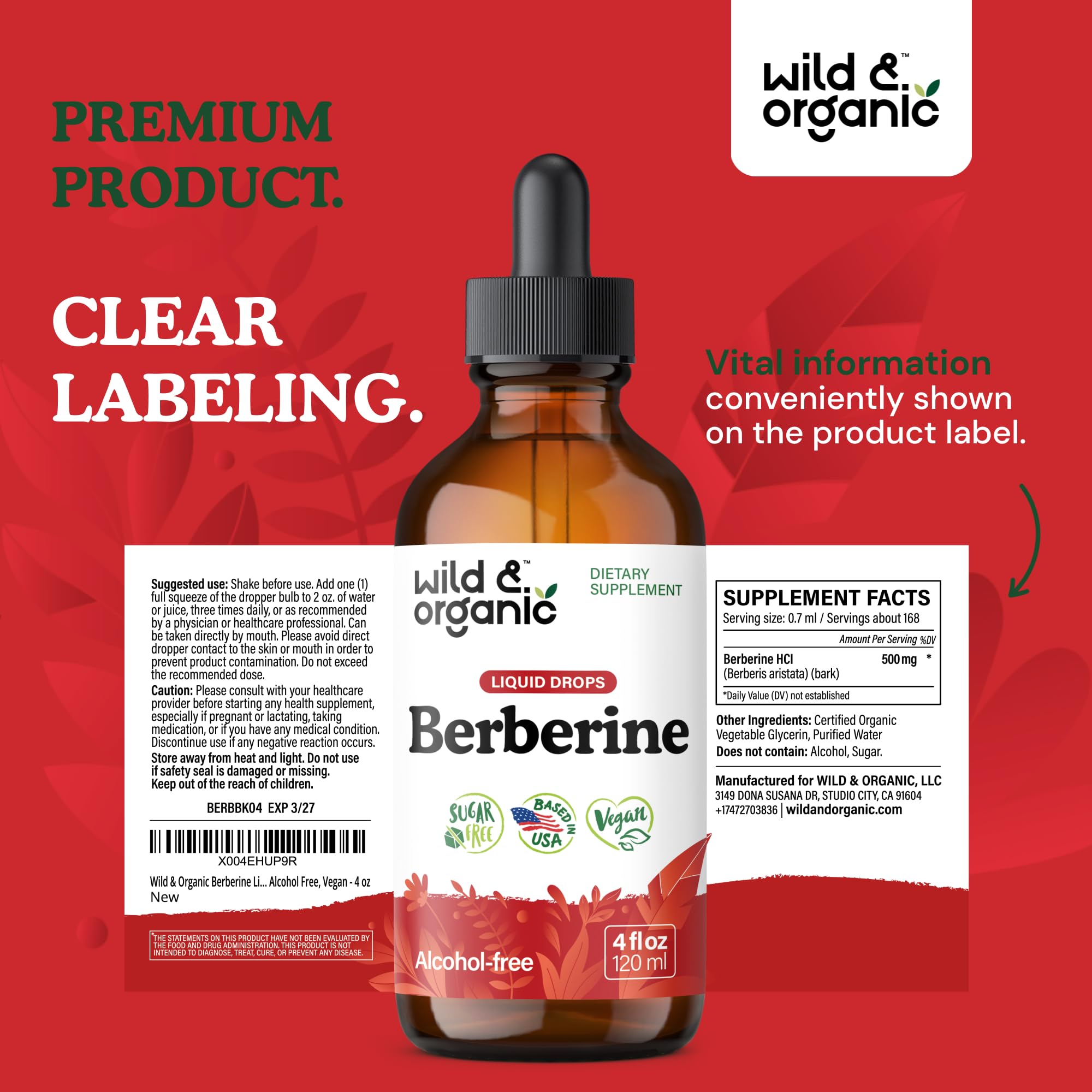 Wild & Organic Berberine Drops HCL 500mg - Antioxidant Support - 4 fl oz