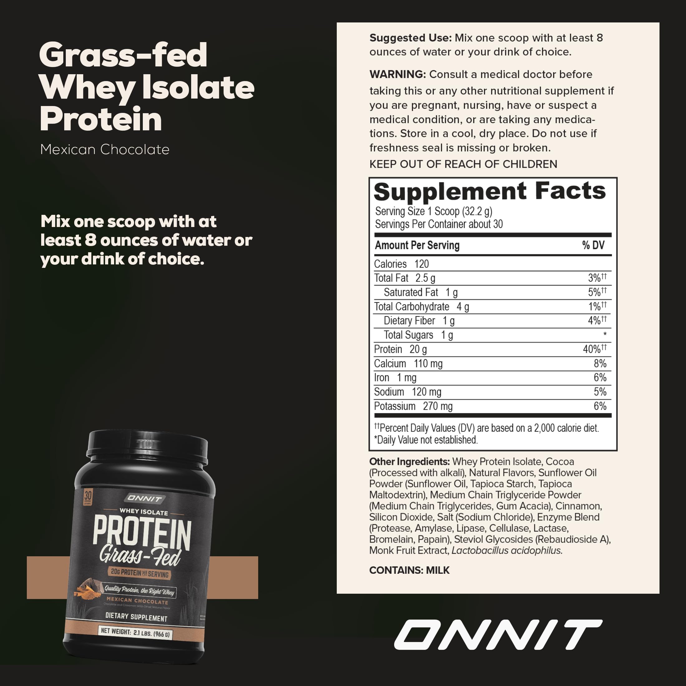 ONNIT Grass Fed Whey Isolate Protein Powder, Protein Powder Dietary Supplement to Support Muscle Gain and Workout Recovery, 30 Servings per Tub, 30.7 oz (Chocolate)