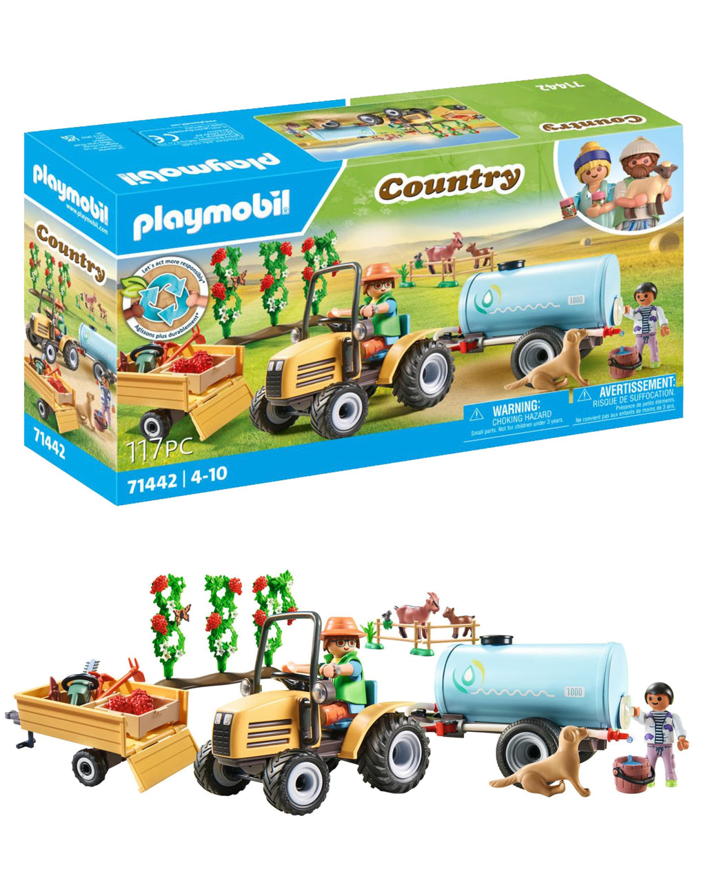 PLAYMOBIL Country 71442 Tractor with Trailer and Tank, Fresh Harvest on the Farm, Learning about the Environment, Imaginative and Fun Role Playing, Toys for Kids Ages 4 and Up