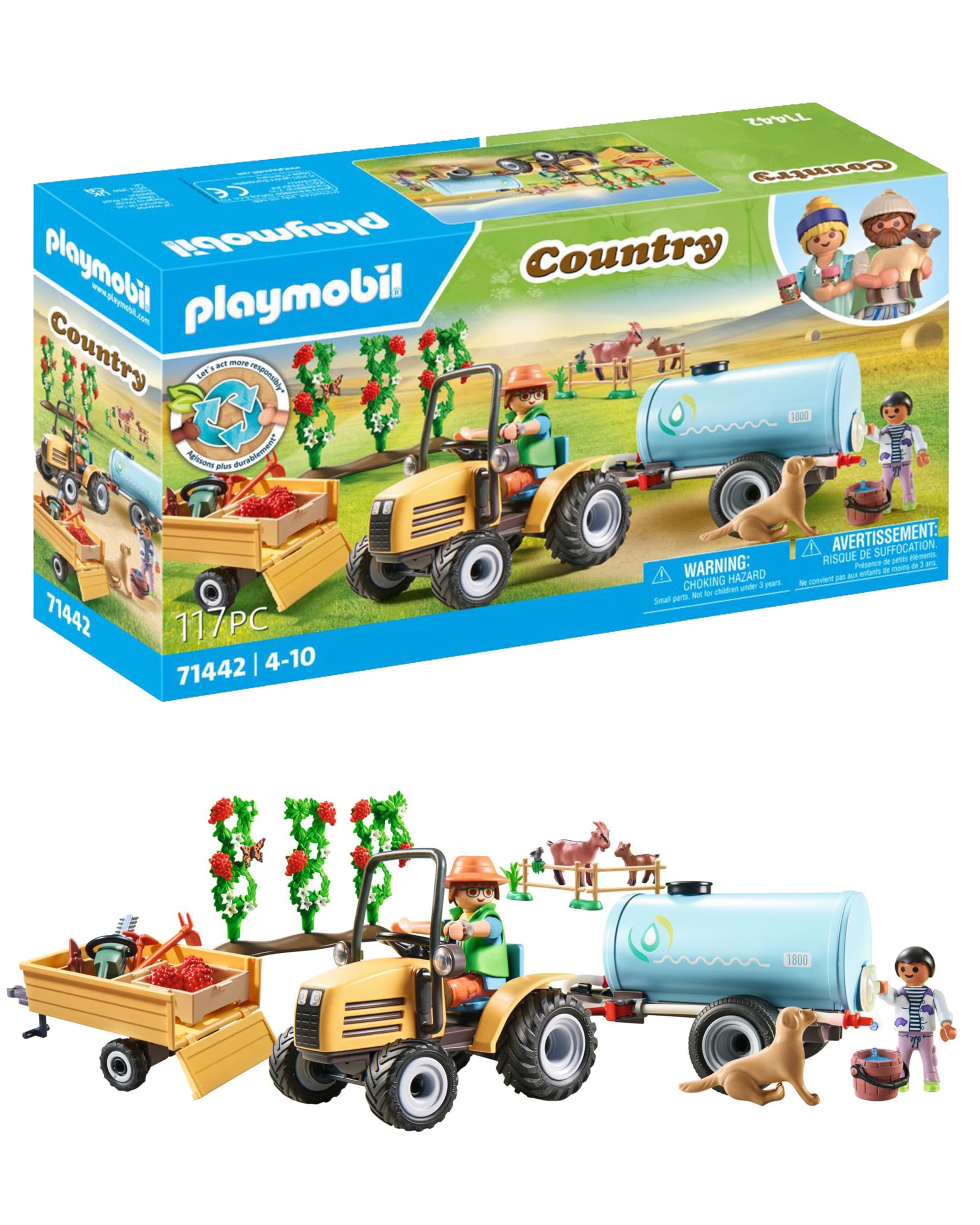PLAYMOBIL Country 71442 Tractor with Trailer and Tank, Fresh Harvest on the Farm, Learning about the Environment, Imaginative and Fun Role Playing, Toys for Kids Ages 4 and Up