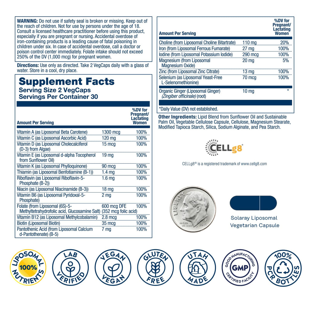 SOLARAY Liposomal Multivitamin Prenatal - Support for Mom & Baby with Prenatal Vitamins for Women, Folic Acid & Iron - High Potency, Gentle Digestion - 60-Day Guarantee - 30 Servings, 60 VegCaps