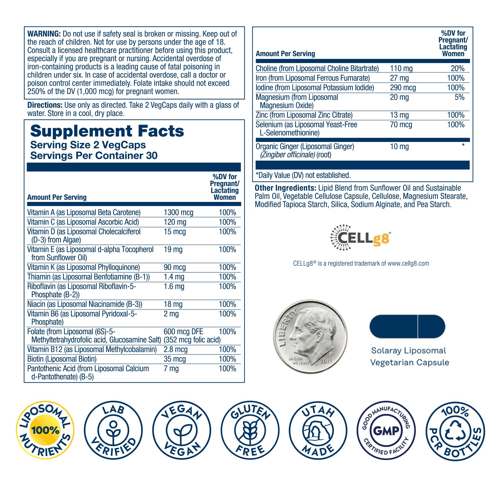 SOLARAY Liposomal Multivitamin Prenatal - Support for Mom & Baby with Prenatal Vitamins for Women, Folic Acid & Iron - High Potency, Gentle Digestion - 60-Day Guarantee - 30 Servings, 60 VegCaps