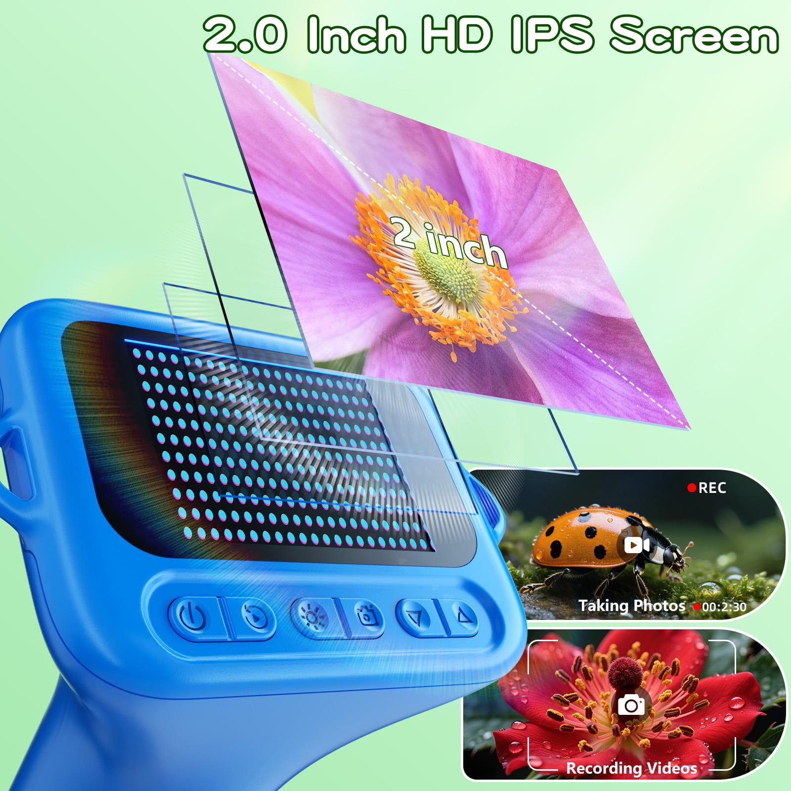 Odatay 1000X Digital Kids Microscope Kit with 12 Slides & 2" Screen, Blue