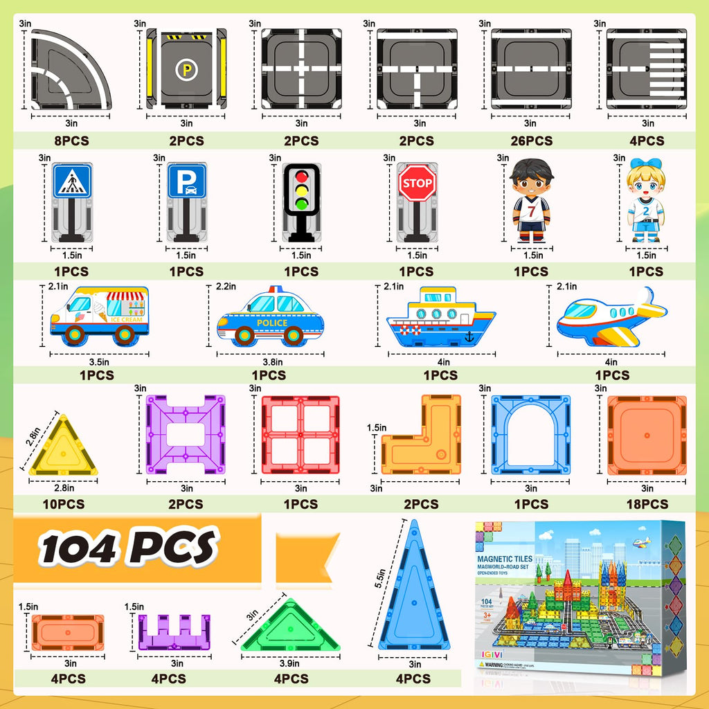 104 PCS Magnetic Tiles Road Set, STEM Magnet Toys Gift for 3+ Year Old Boys