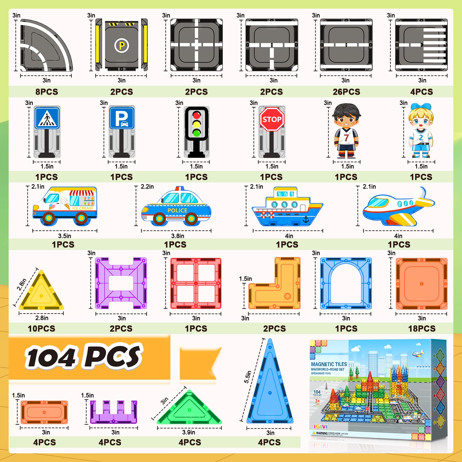 104 PCS Magnetic Tiles Road Set, STEM Magnet Toys Gift for 3+ Year Old Boys