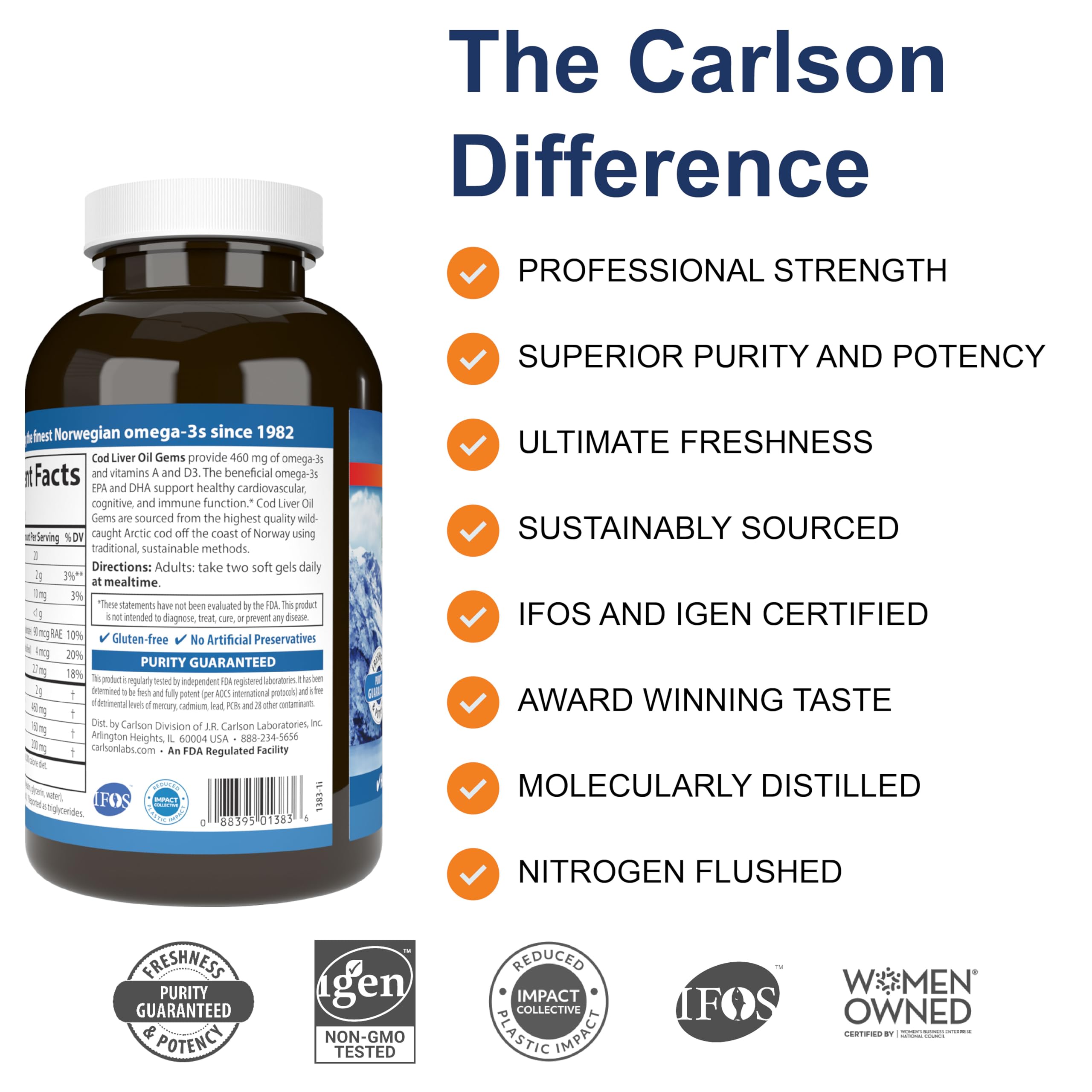 Carlson Cod Liver Oil Gems, 460 mg, Omega-3s, Lemon, 300 Softgels