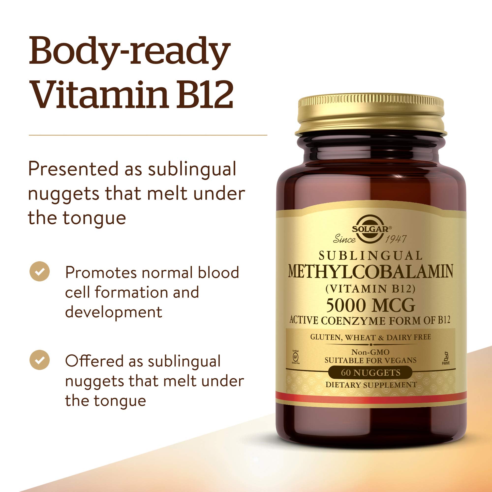 Solgar Methylcobalamin (Vitamin B12) 5000 mcg, 60 Nuggets - Cherry Flavor - Supports Energy Metabolism - Body-Ready, Active Form - Non-GMO, Vegan, Gluten Free - 60 Servings
