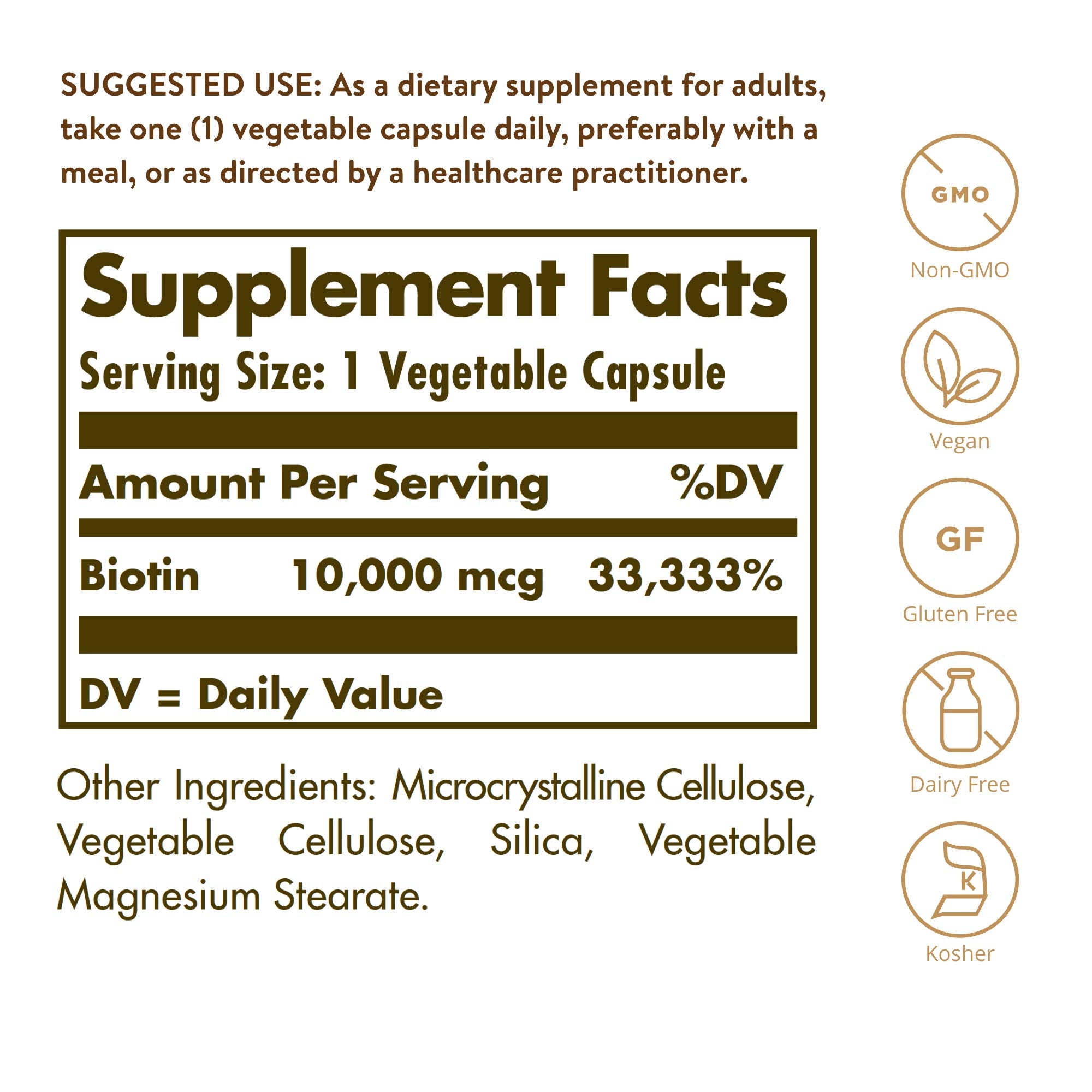 Solgar Biotin 10000 mcg Vegetable Capsules Energy Metabolism Promotes Healthy Skin Nails Hair Super High Potency NonGMO Vegan Gluten Free Dairy Free Kosher Servings, Standard Packaging, Unflavored, 120 Count