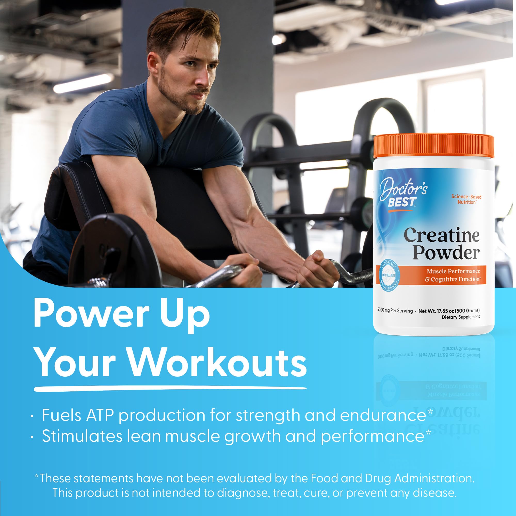 Doctor's BEST Creatine Monohydrate Powder for Women & Men - Pure Micronized Creatine, Pre Workout Powder Supplement, Muscle & Cognitive Support, 5g (5000mg) Per Serving, Vegan, Unflavored - 17.85 oz