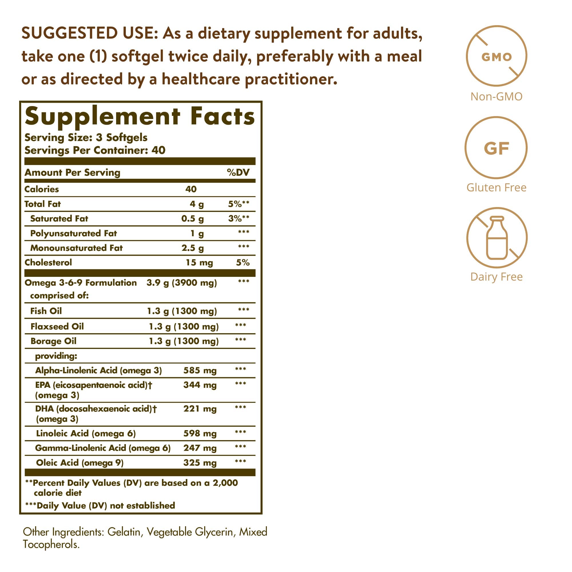 Solgar 1300 mg Omega 3-6-9, 120 Softgels - Fish Oil Supplement - Support for Joint & Skin Health - Includes Flaxseed & Borage - Contains EPA & DHA Omega 3 Fatty Acids - 40 Servings