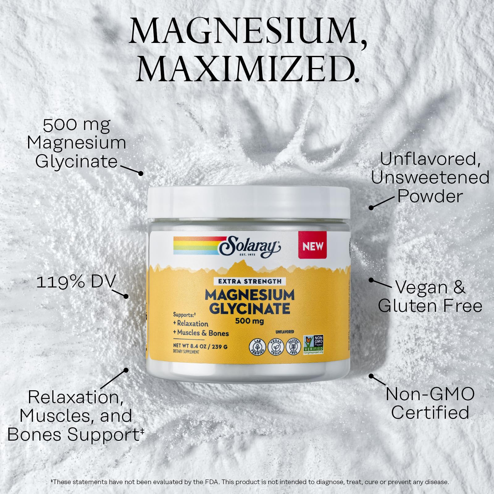 SOLARAY Magnesium Glycinate 500 mg Powder, Unflavored, 8.4 oz