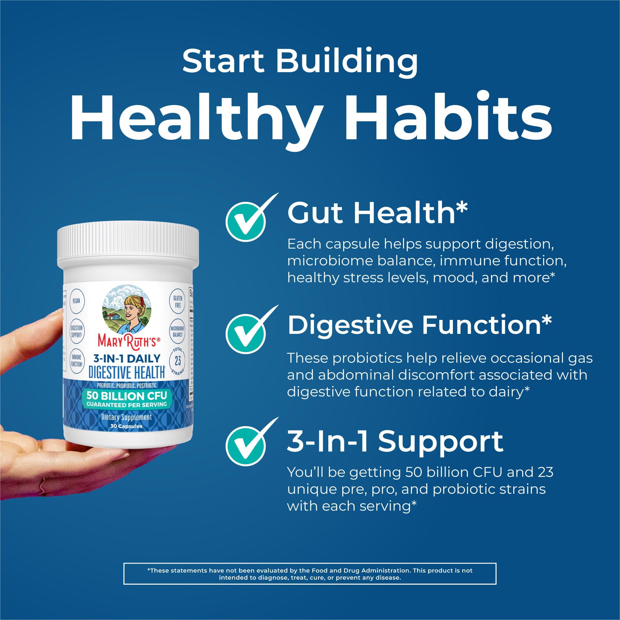 MARYRUTH'S 3-in-1 Probiotics for Digestive Health, 30 Servings