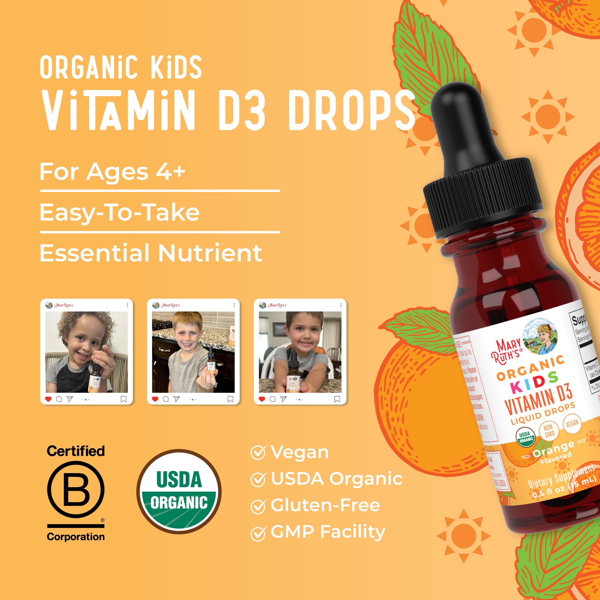 MARYRUTH'S USDA Organic Kids Vitamin D3 Liquid Drops, Orange, 0.5 oz