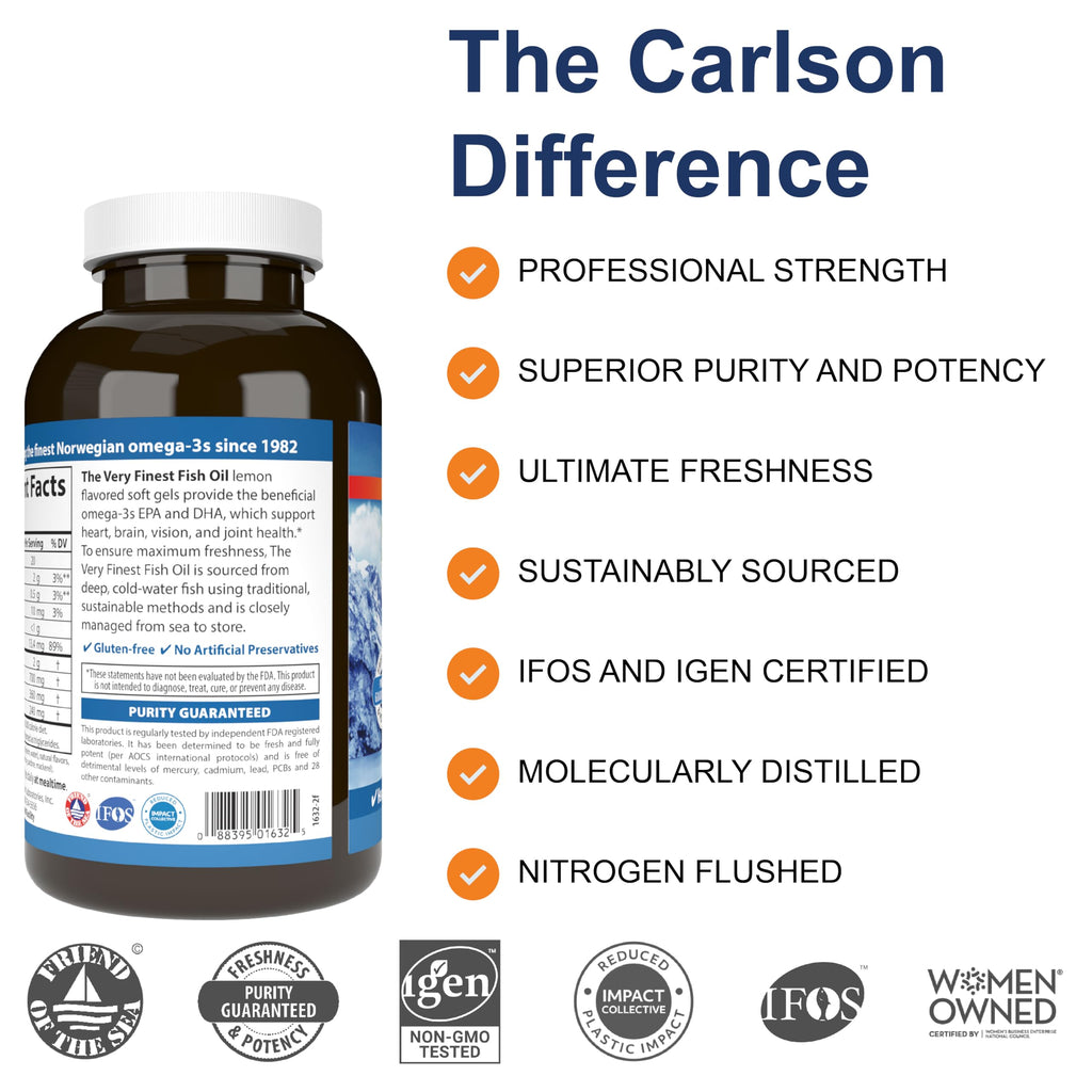 Carlson The Very Finest Fish Oil, 700 mg, Omega-3s, Lemon, 240 Softgels