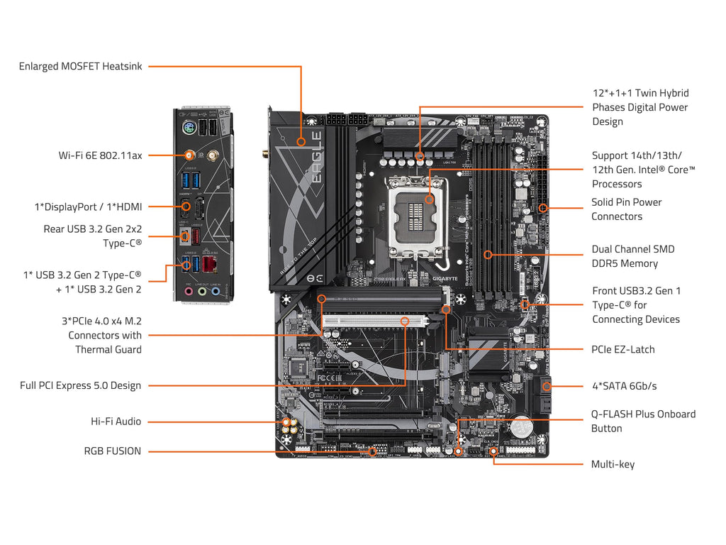 GIGABYTE Z790 Eagle AX LGA 1700 ATX Motherboard, Support Intel Core 14th/13th/12th Gen, DDR5, 12+1+1 Power Phase, 3X M.2, PCIe 5.0, USB-C 3.2, WIFI6E, 2.5GbE, Q-Flash, EZ-Latch, RGB Fusion