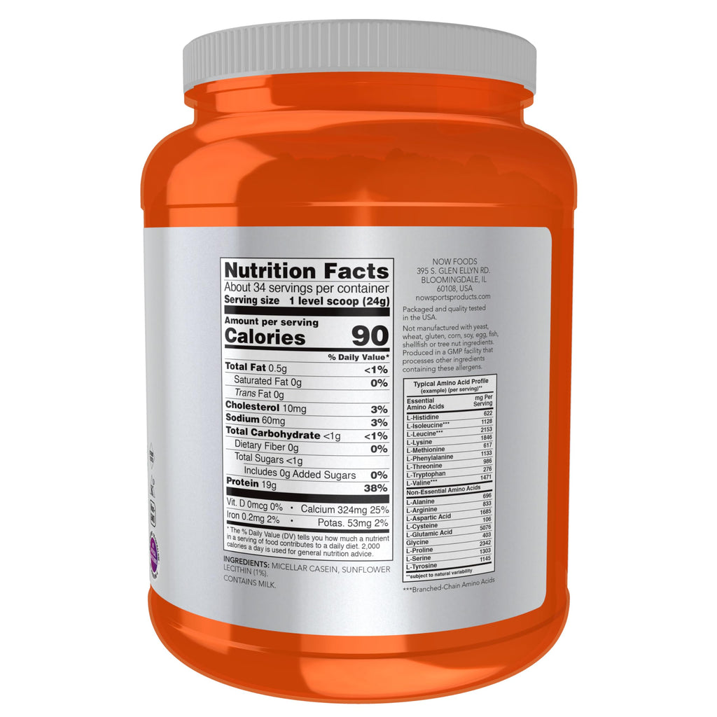NOW Sports, Casein Protein 19 g, Micellar Casein, Unflavored Powder, 1.8 lb