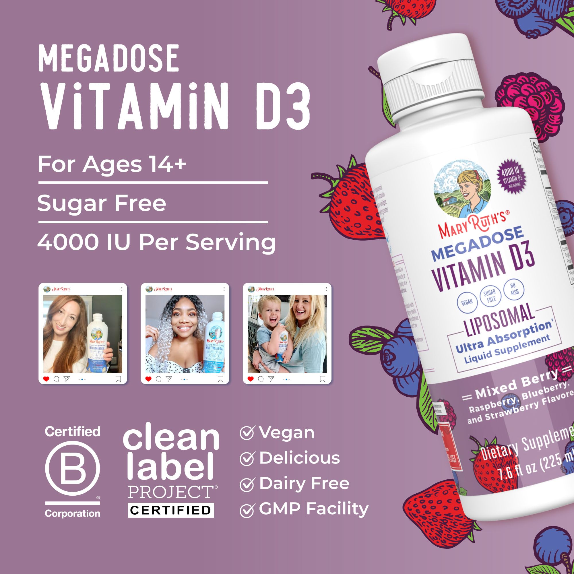 MARYRUTH'S Megadose Vitamin D3 Liposomal, Vitamin D 4000 IU, 45 Servings