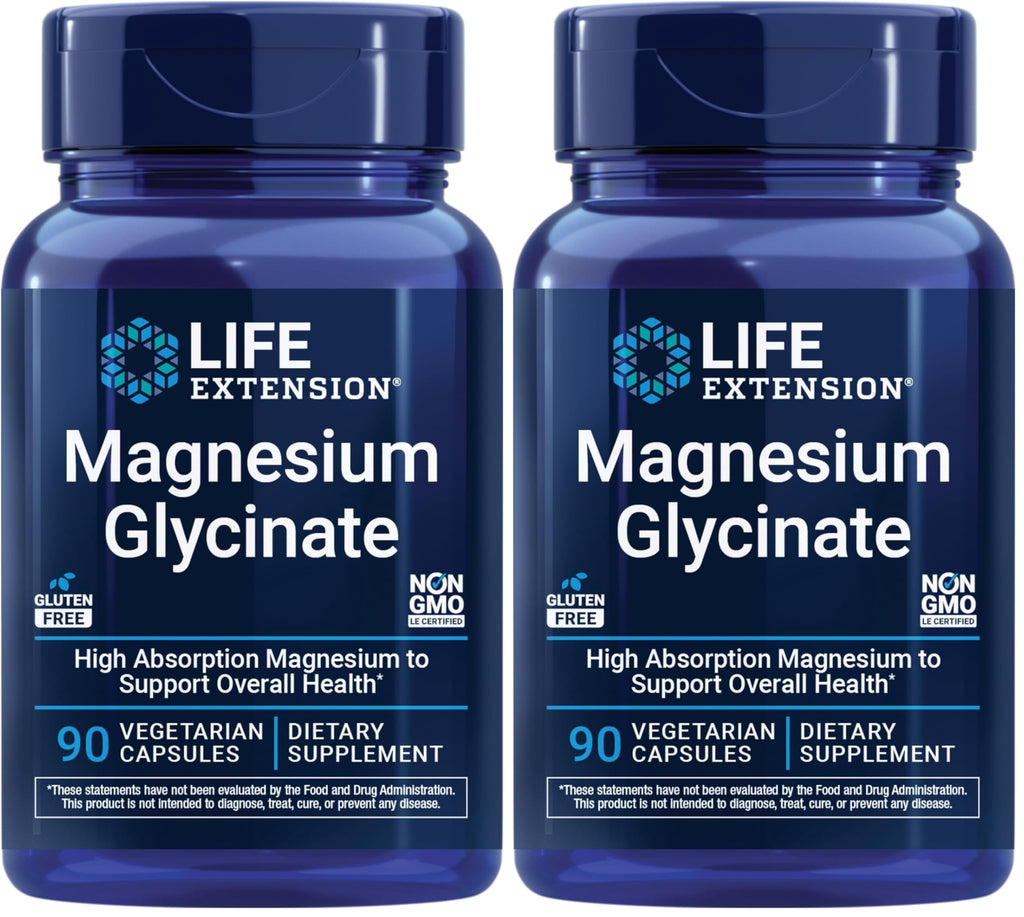 Life Extension Magnesium Glycinate, Heart Health, Bone Health, Nerve and Muscle Support, Highly absorbable, Gluten-Free, Non-GMO, Vegetarian, 90 Capsules (Pack of 2)