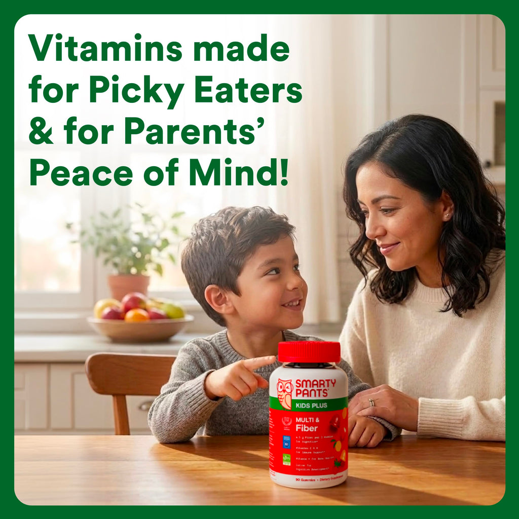 SmartyPants Kids Multivitamin & Fiber Gummies: Prebiotic Fiber to Support Kids Digestion with Vitamin D3, C, Vitamin B12, B6, A, Zinc, Biotin, Folate, Three Fruit Flavors, 90 Count (30 Day Supply)