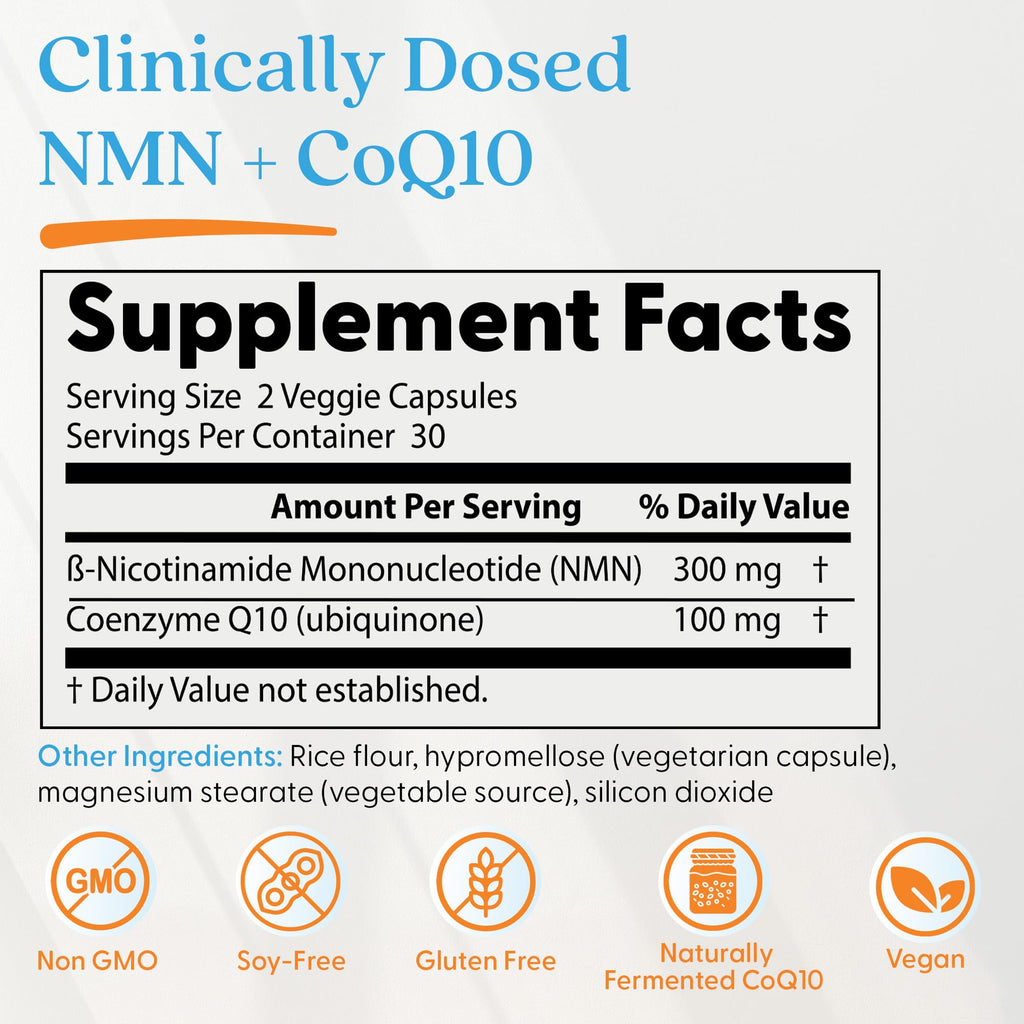 Doctor's Best NMN + CoQ10 Supplement for Women & Men - Supports NAD+ Production & Cellular Energy, Beta Nicotinamide Mononucleotide 150 mg & Coenzyme Q10 50 mg per Capsule, Vegan, Non GMO- 60 Veg Caps