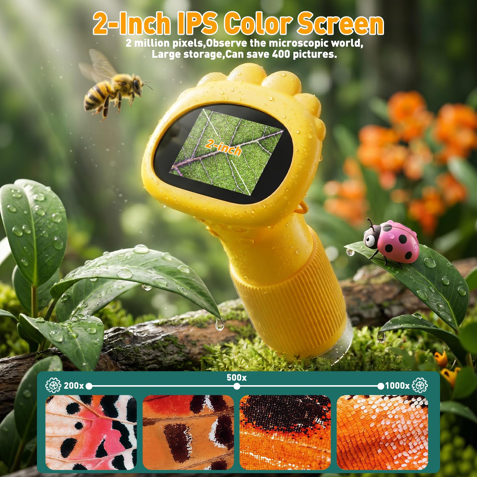 4K 1000X Digital Microscope for Kids with 2.0" IPS Screen(Yellow)