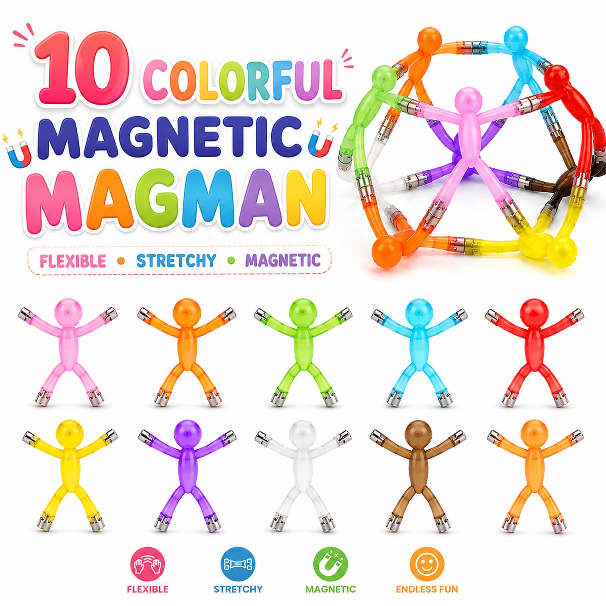 Travel Toys for Kids Ages 3-8, 10 PCS Magnetic Men Figures, Airplane Toy, Road Trip Activities, Sensory Fidget Toys, STEM Building Set, Quiet Screen-Free Toy for Car, Restaurant & Classroom