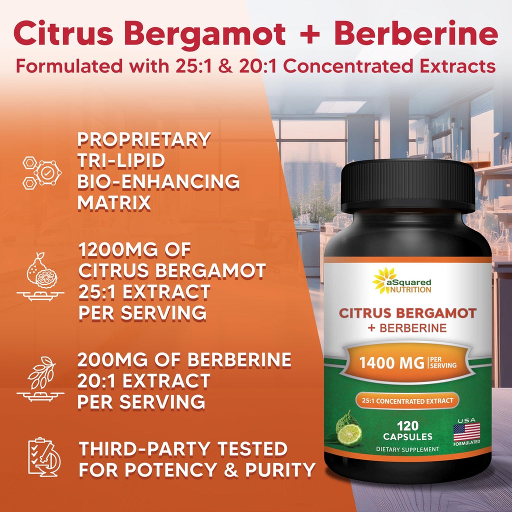 aSquared Nutrition Citrus Bergamot with Berberine Supplement - 1400mg Per Serving Max Strength Complex - 120 Capsules - Supports Cardiovascular Health - Pills Alternative to Gummies & Liquid Drops
